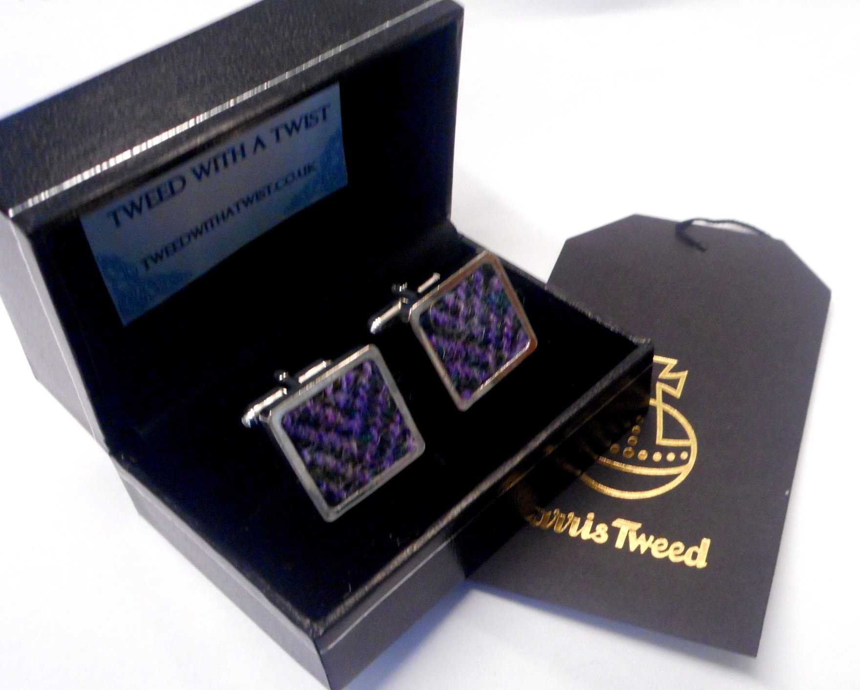 Cufflinks in Harris Tweed purple heather herringbone mens gift for him Scottish made in Scotland  square cuff links for fathers day, Christmas gift
