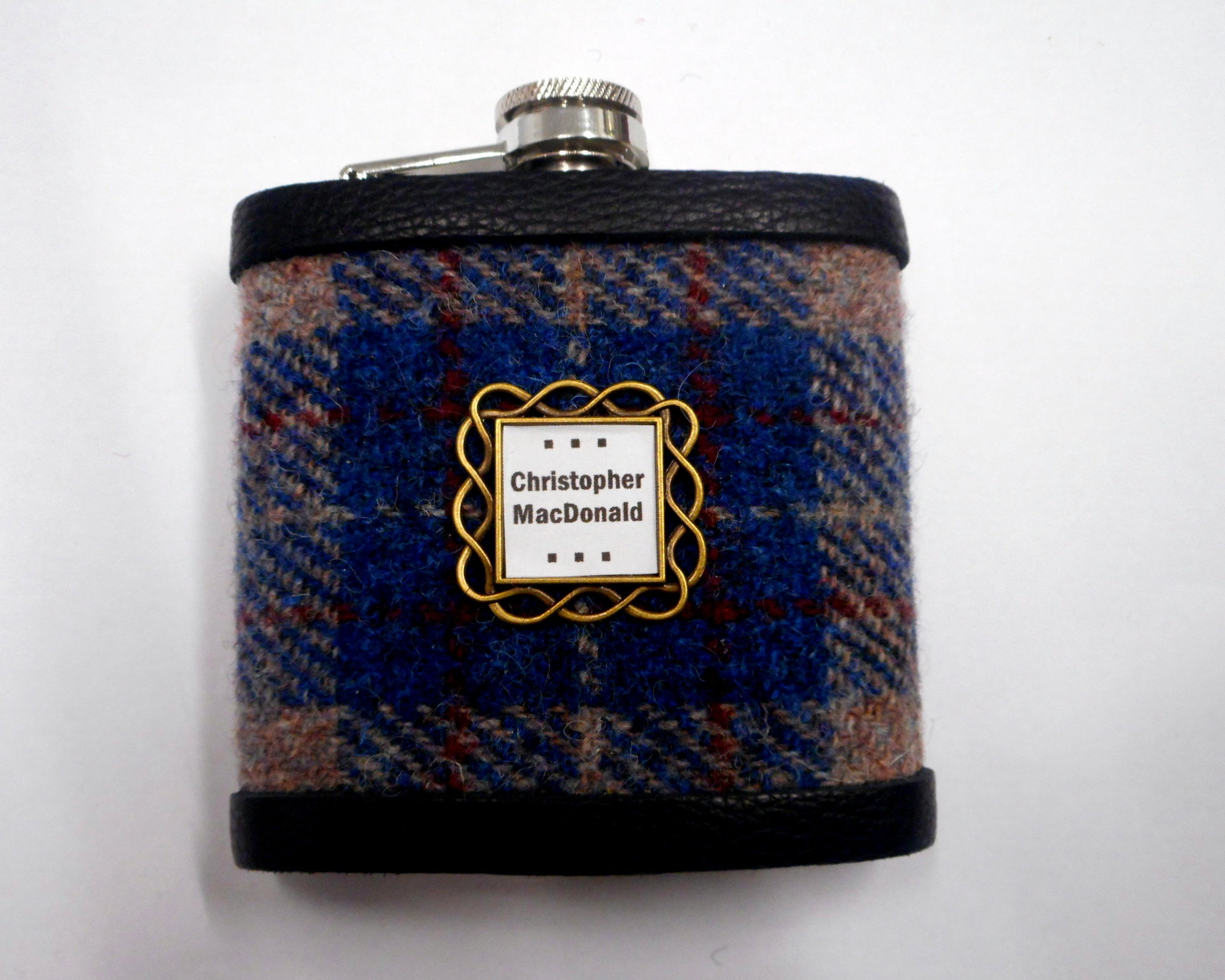 Personalised Harris Tweed hip flask with name in celtic setting, Scottish luxury gift for Christmas , unique gift for birthday, retirement , monogrammed flask