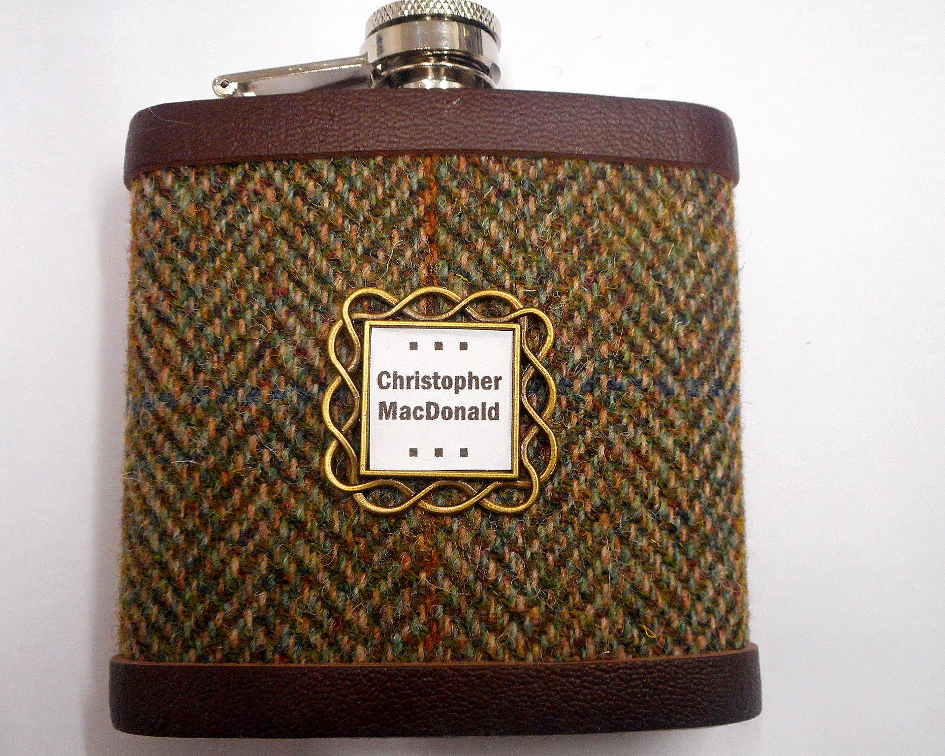 Personalised Harris Tweed hip flask with name in celtic setting, Scottish luxury gift for Christmas , unique gift for birthday, retirement , monogrammed flask