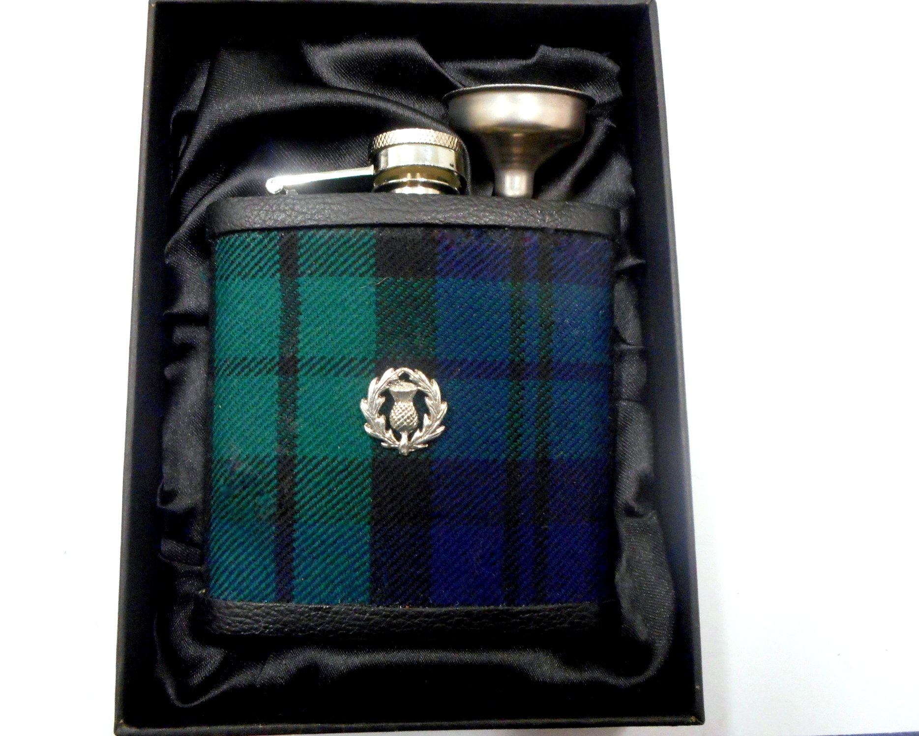 Black Watch Tartan hip flask with pewter thistle Scottish gift for men made in scotland retirement,  best man, groomsman , father's day present