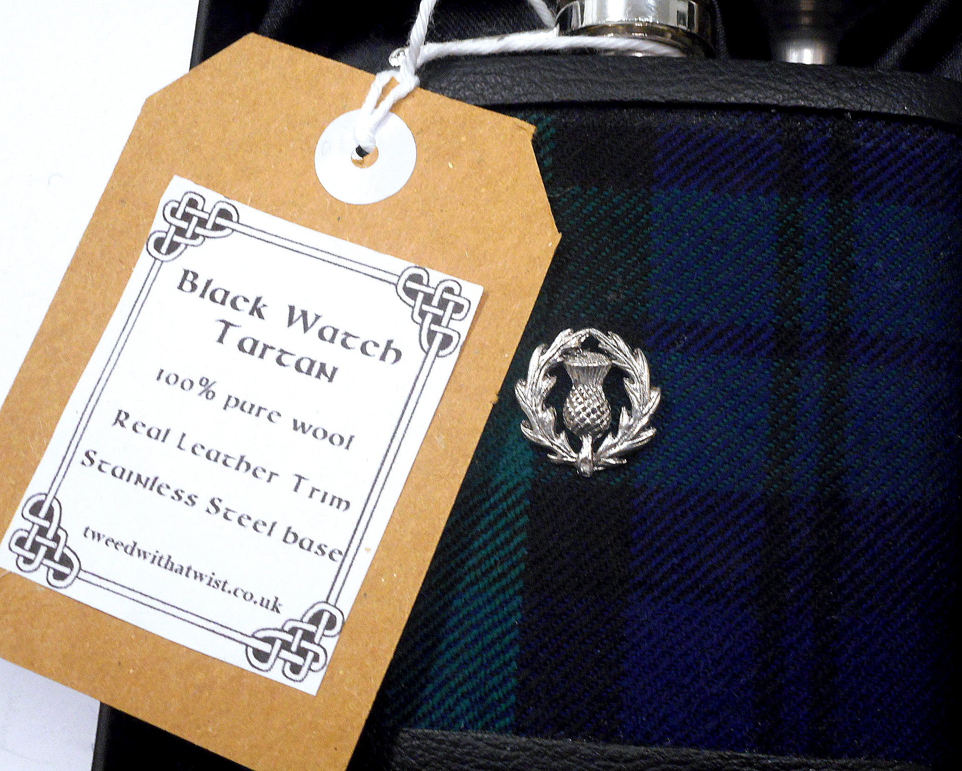 Black Watch Tartan hip flask with pewter thistle Scottish gift for men made in scotland retirement,  best man, groomsman , father's day present