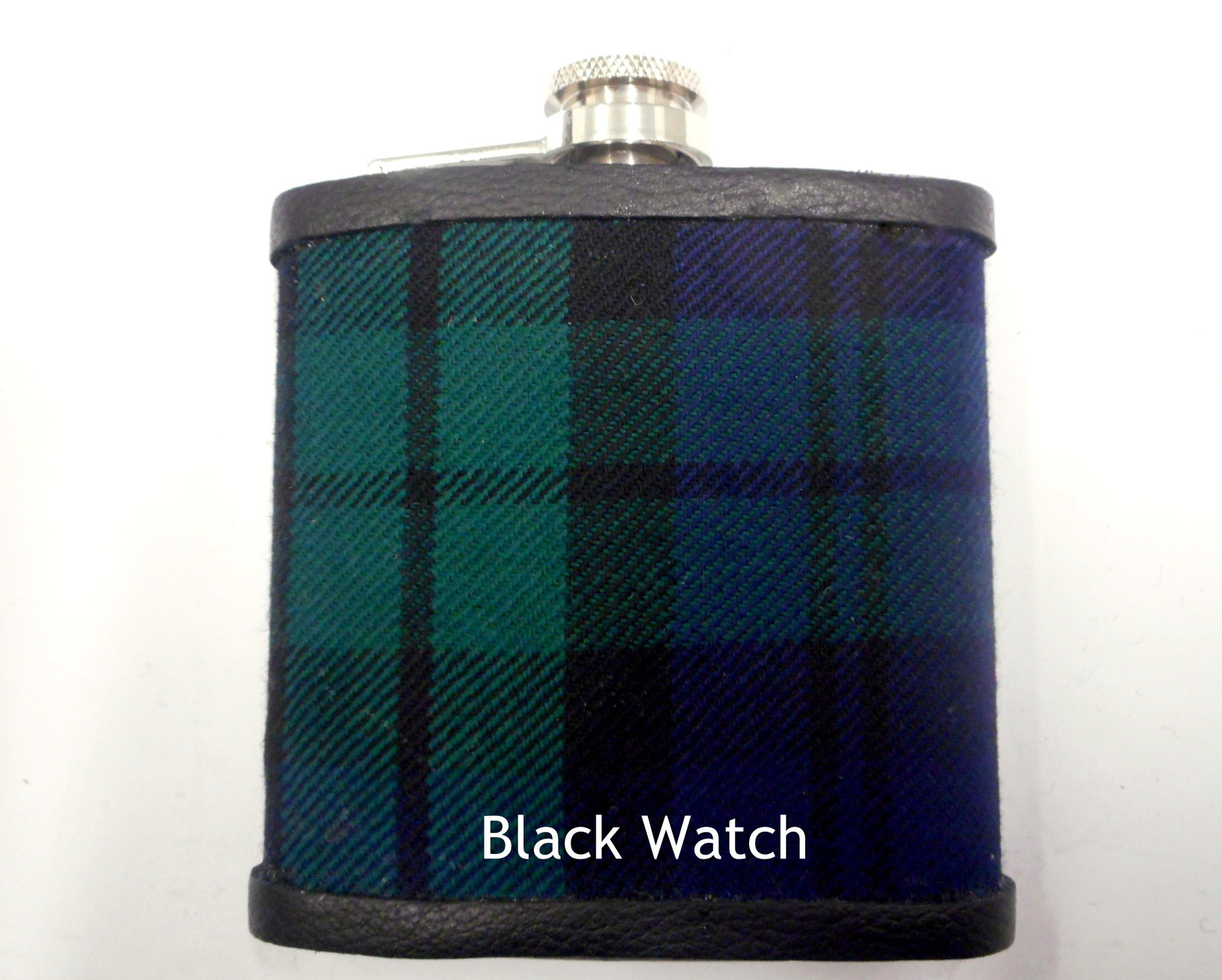 Hebridean Thistle tartan hip flask with thistle and stainless steel tag engraved with personalisation initials, name, date, motto etc. of your choice