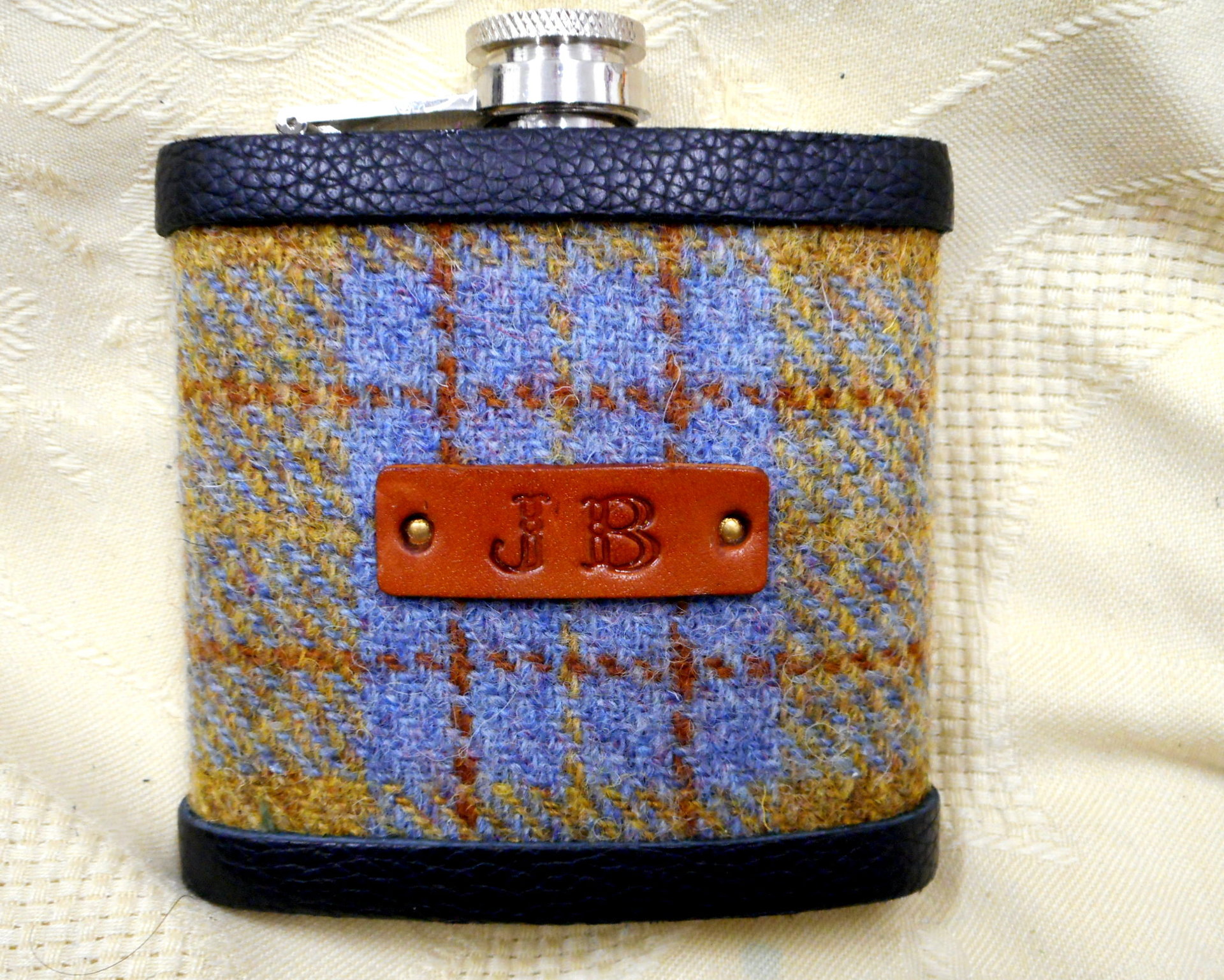 Customised-hip -flask-harris-tweed-monogrammed-,initials-personalised-gift
