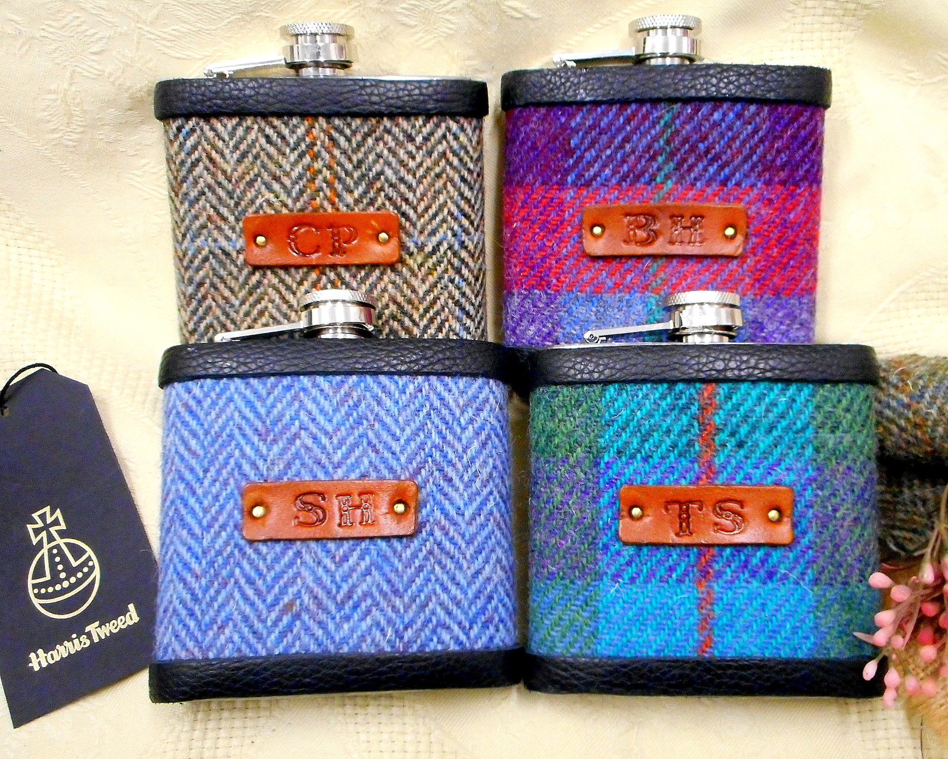 Personalised groomsmens Monogrammed Harris Tweed hip flasks with 1-3 initials on brown leather for Best Man or Ushers at wedding , Father of the Bride or Groom