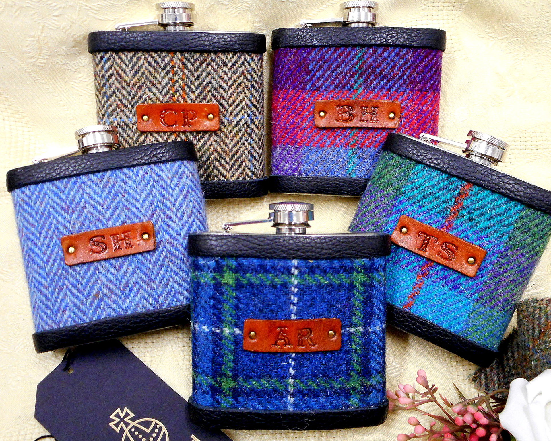Personalised groomsmens Monogrammed Harris Tweed hip flasks with 1-3 initials on brown leather for Best Man or Ushers at wedding , Father of the Bride or Groom