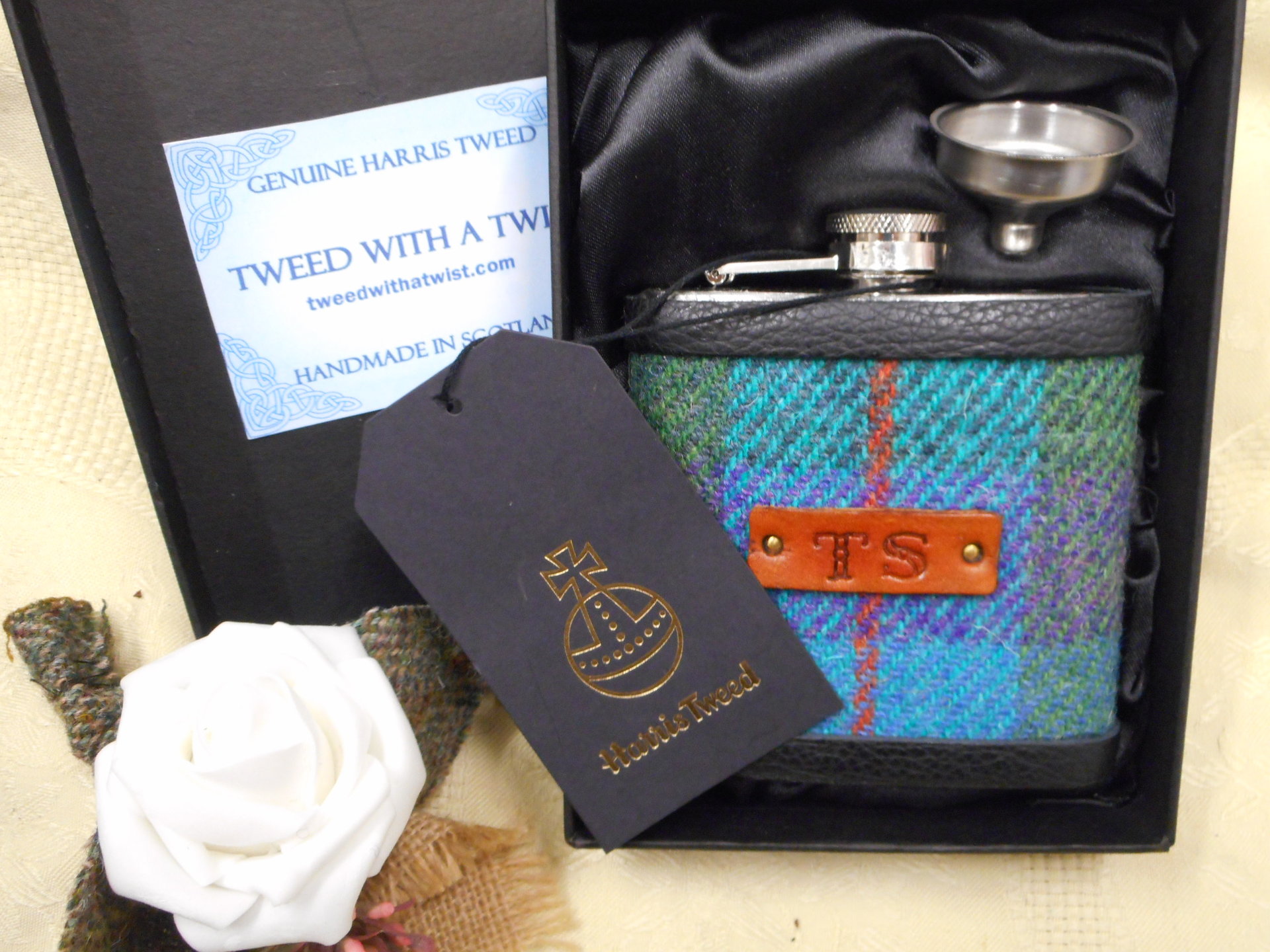 Personalised Monogrammed Harris Tweed hip flask with 1-3 initials Scottish luxury gift for Christmas , birthday, Fathers Day or retirement choose any tweed