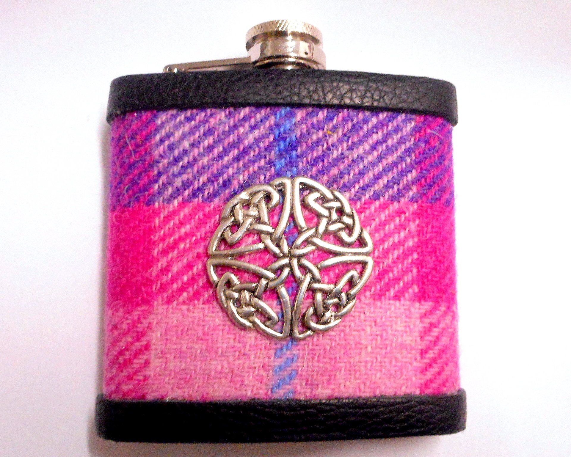 Hip flask in purple and pink Harris Tweed with Celtic knot, Ladies Day at the races, or gift for  christmas , birthday , Valentine's day or  7th anniversary  made in Scotland