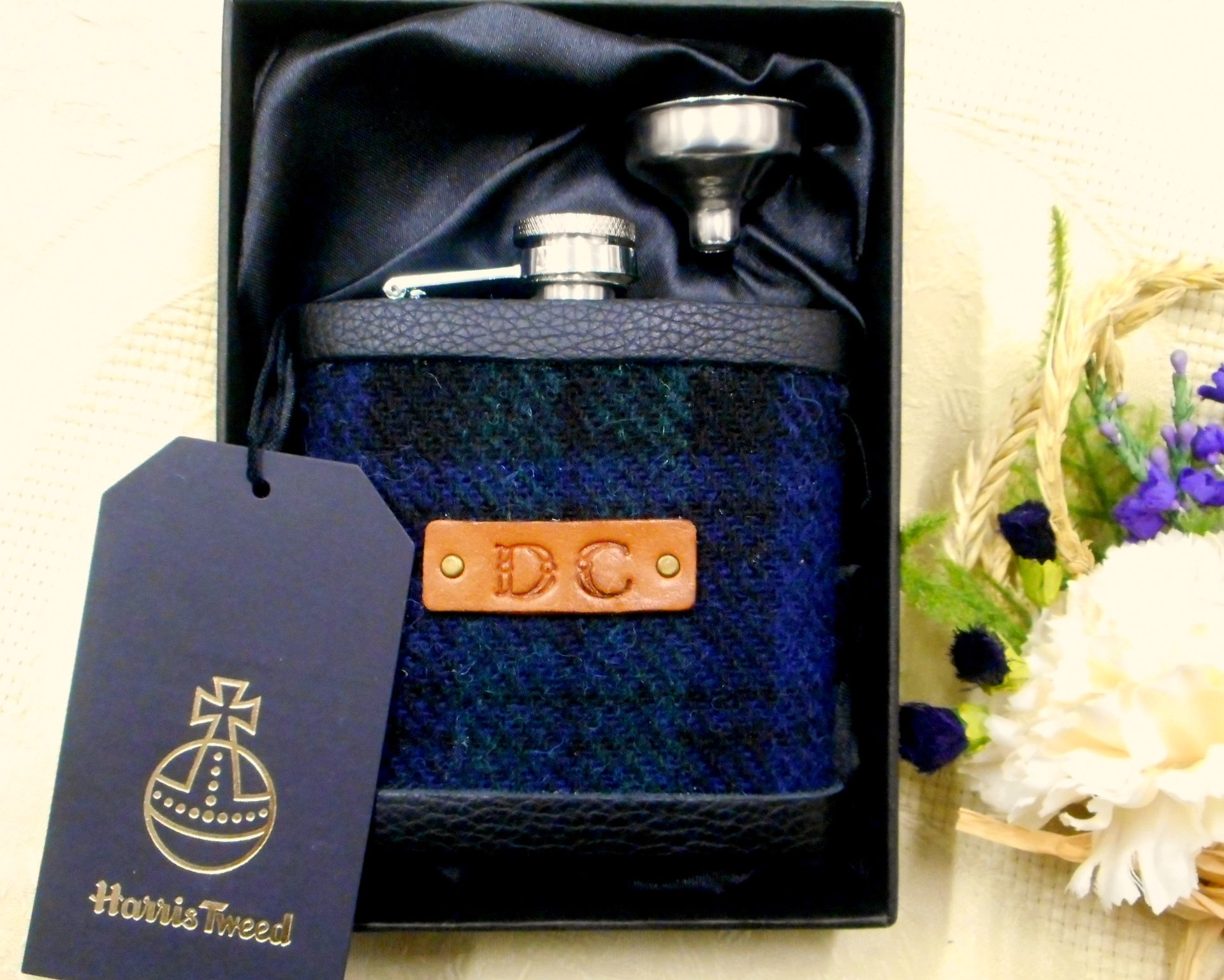 Personalised Monogrammed Harris Tweed hip flask with 1-3 initials Scottish luxury gift for Christmas , birthday, Fathers Day or retirement choose any tweed