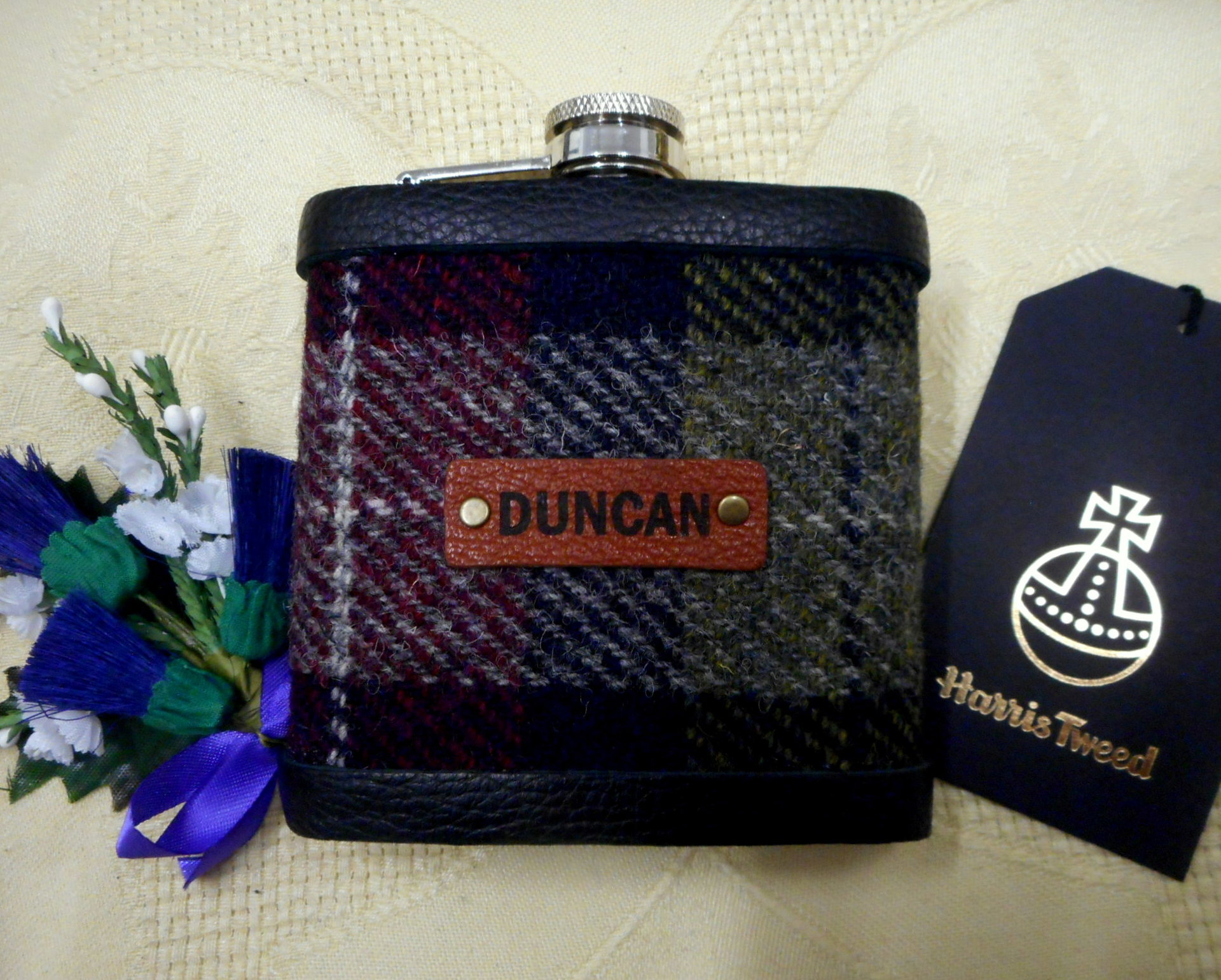 Personalised Groomsman gifts  Harris Tweed hip flasks with individual names on leather labels Scottish luxury gift for wedding  Best Man, Usher, Father of Bride or groom, choice of tweeds.