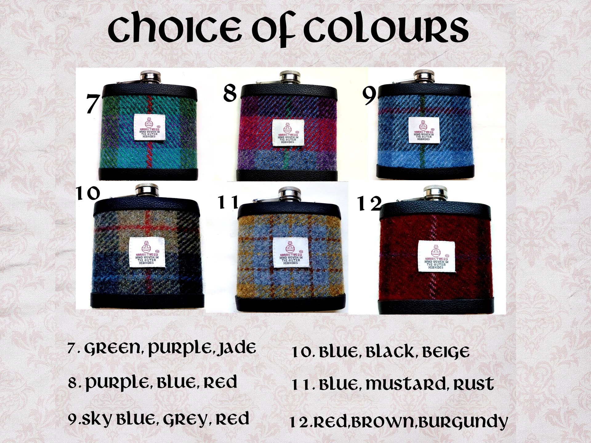 Harris Tweed hip flask in choice of  30 patterns and colours with Orb label handmade in Scotland using handwoven tweed and real leather trim