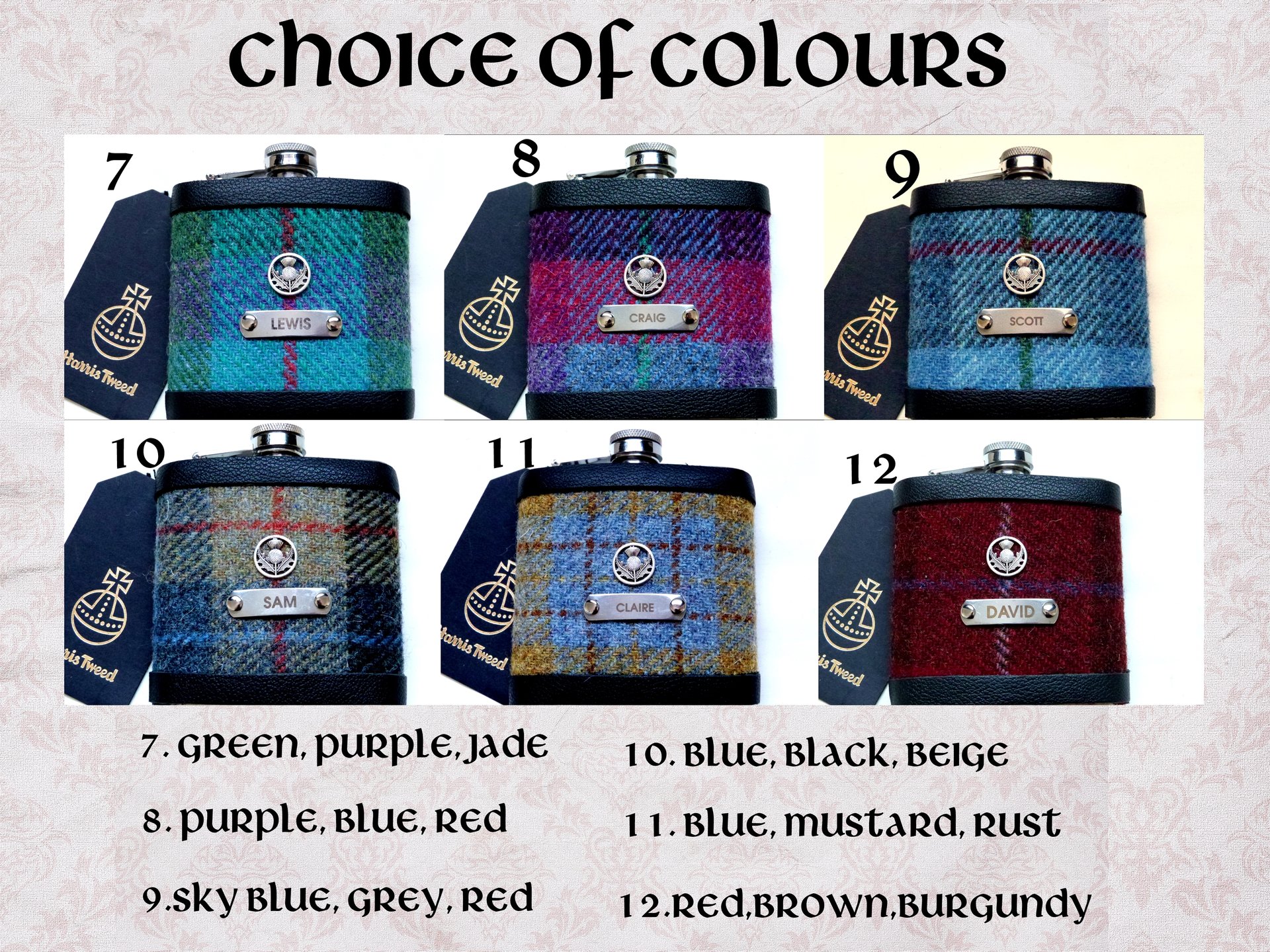 Harris Tweed hip flask with thistle, engraved names, in choice of  30 patterns and colours handmade in Scotland using handwoven tweed and real leather trim