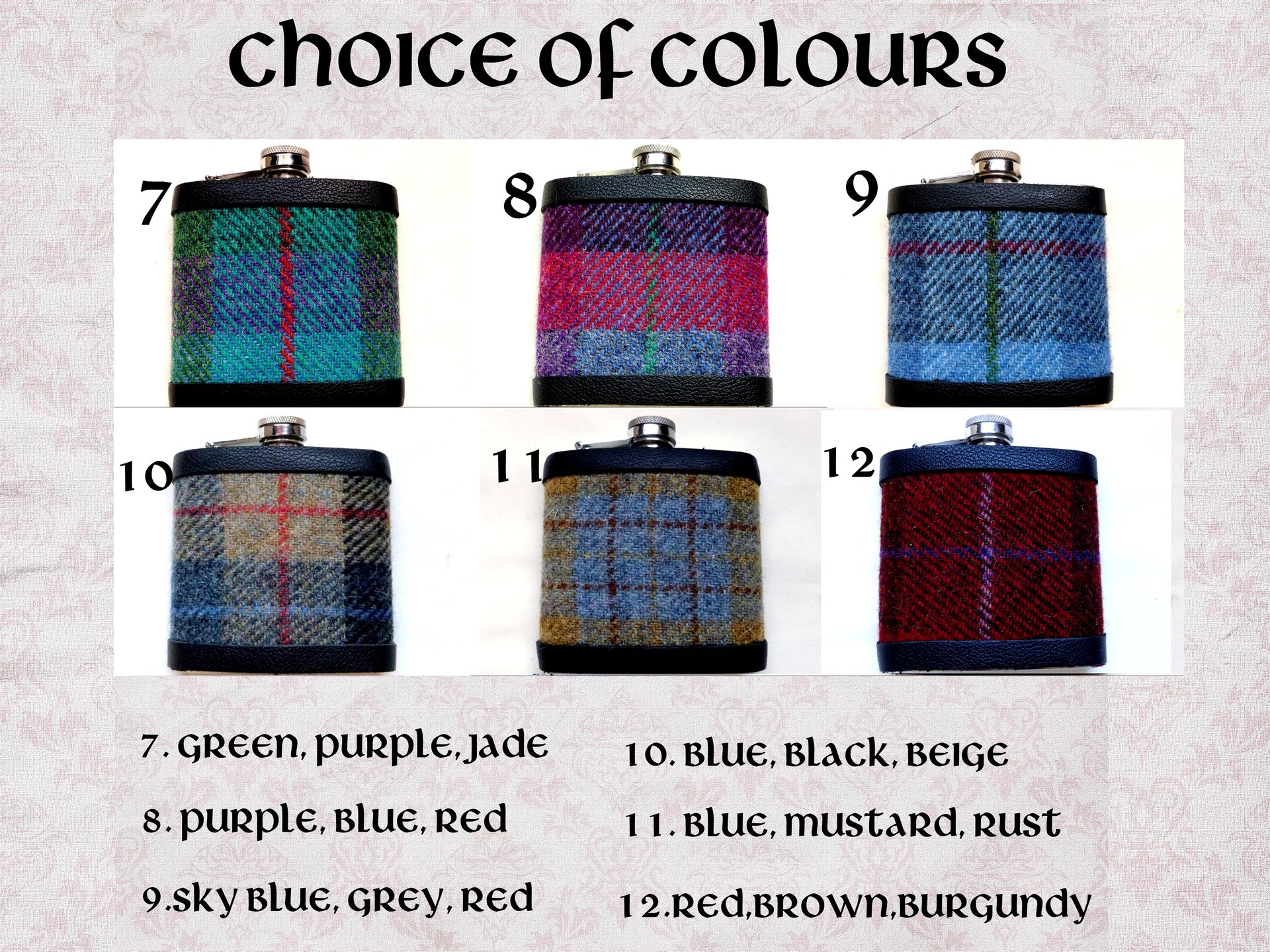 Harris Tweed hip flask in choice of  30 patterns and colours with Orb label handmade in Scotland using handwoven tweed and real leather trim