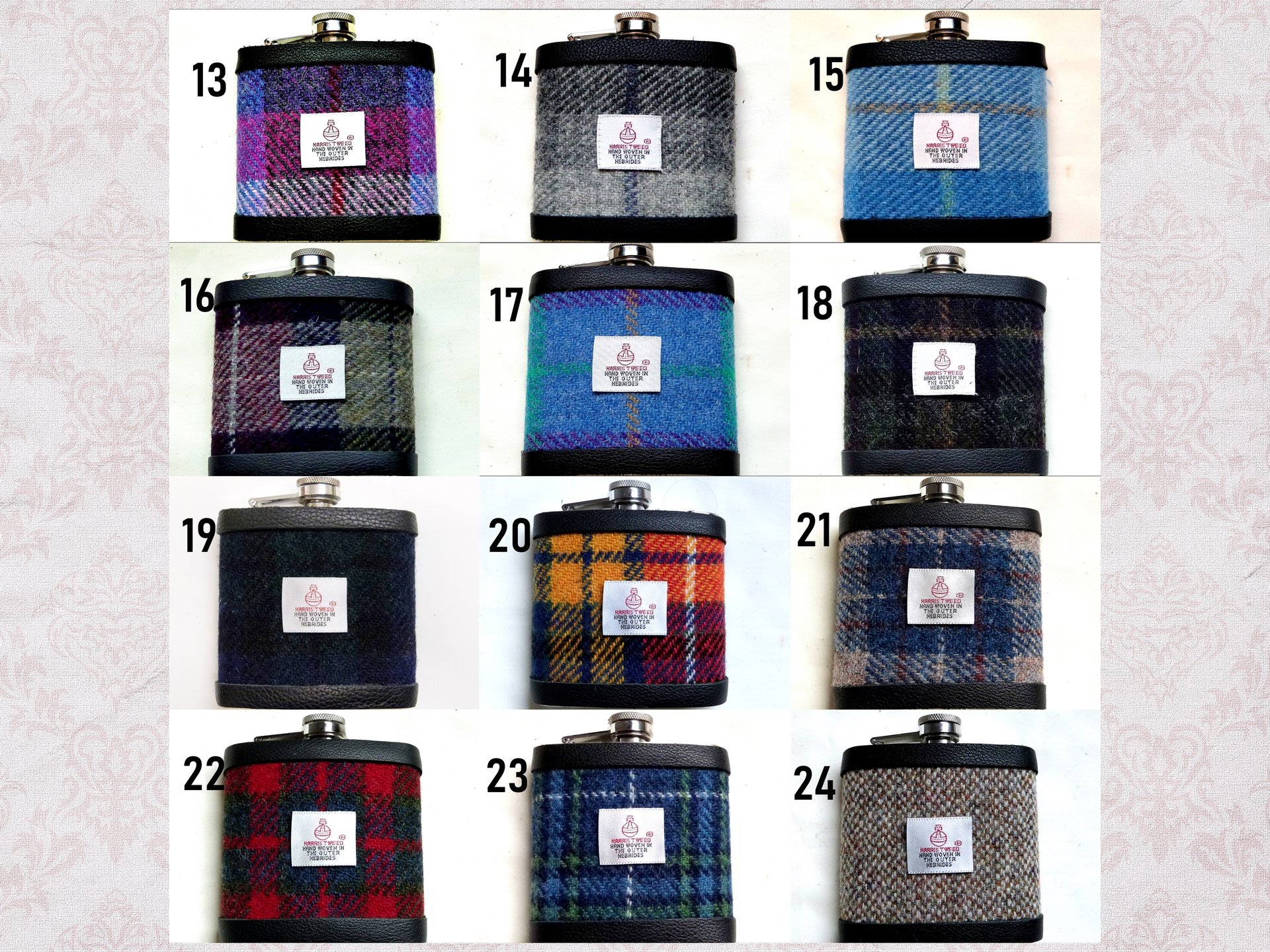Harris Tweed hip flask in choice of  30 patterns and colours with Orb label handmade in Scotland using handwoven tweed and real leather trim