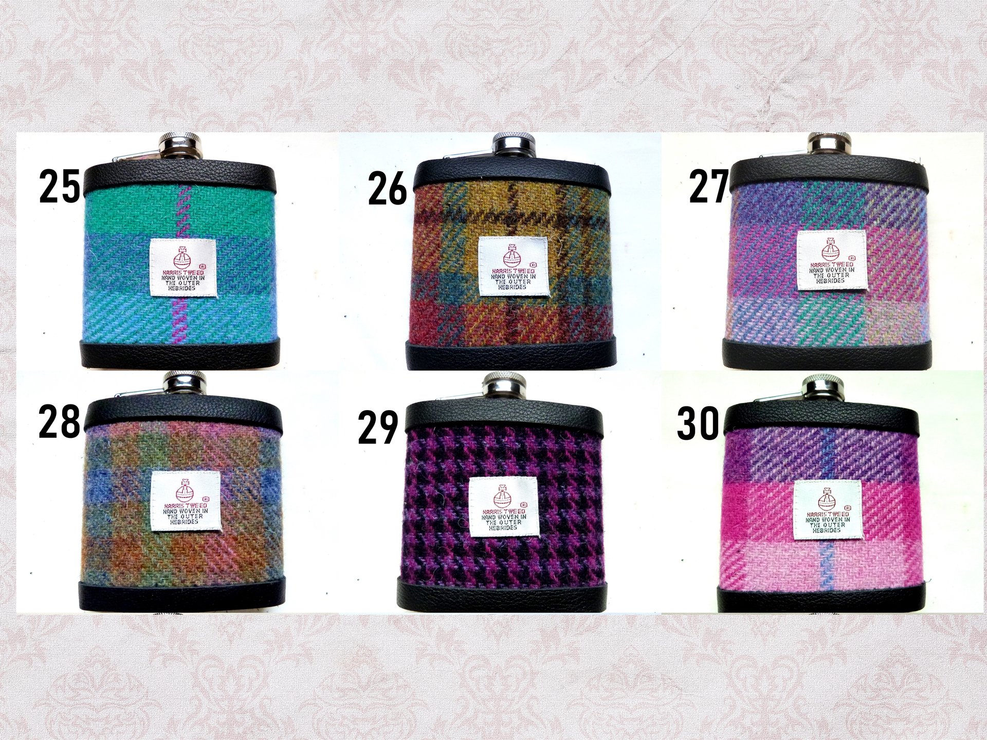 Harris Tweed hip flask in choice of  30 patterns and colours with Orb label handmade in Scotland using handwoven tweed and real leather trim