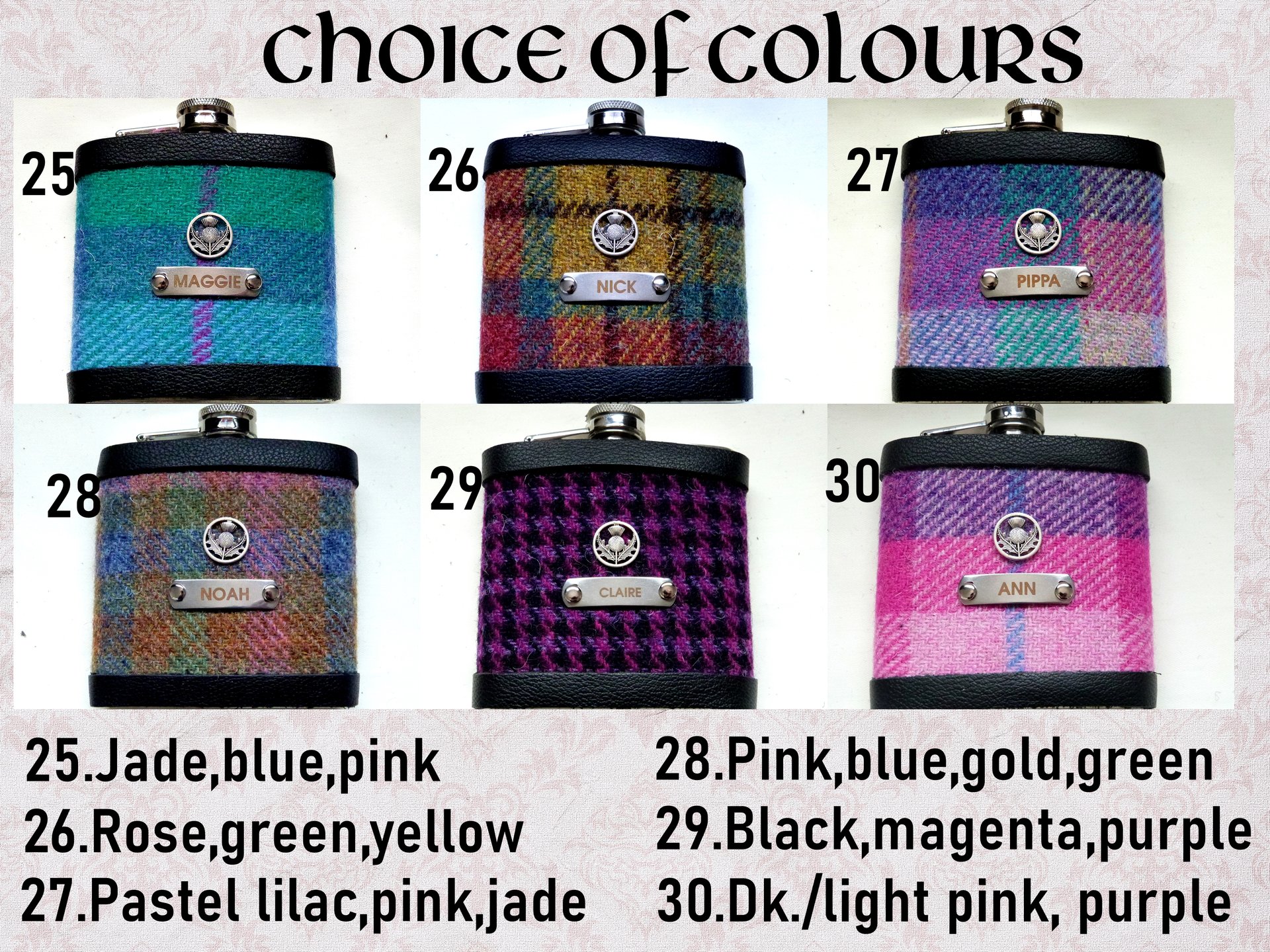 Harris Tweed hip flask with thistle, engraved names, in choice of  30 patterns and colours handmade in Scotland using handwoven tweed and real leather trim