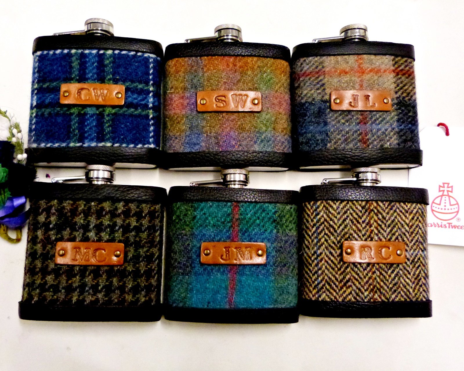 Your Wedding kilt tartan Hip Flasks  with initials embossed on leather labels for Best Man,  Father of Bride or groomsmen, Scottish luxury gift sets of 3-6