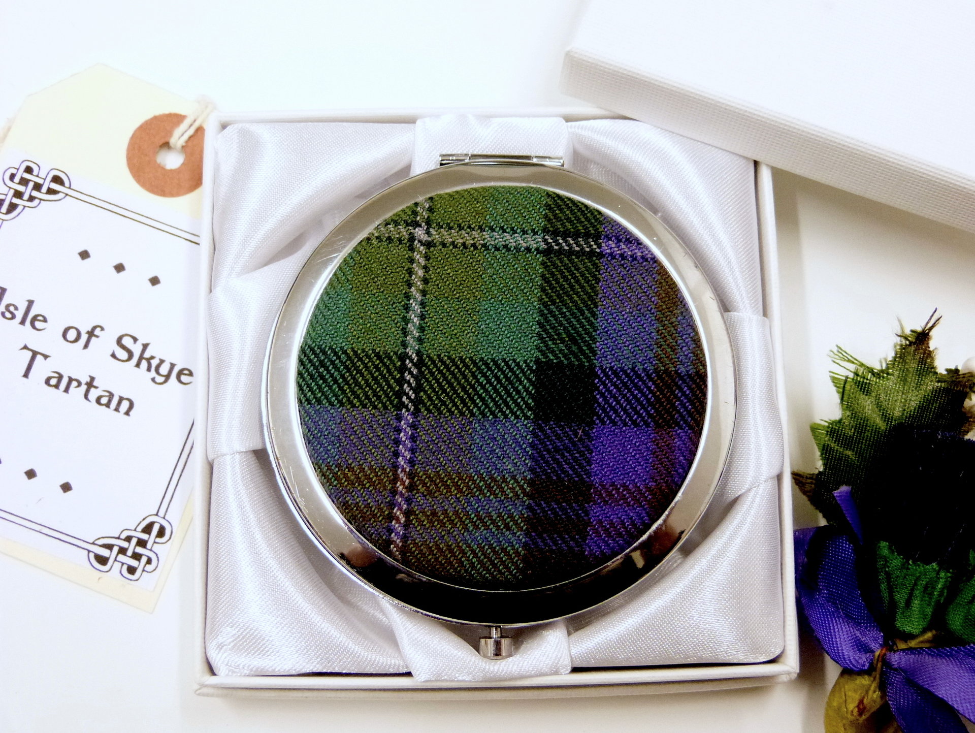 Compact mirror Isle of Skye tartan, womens little gift for mother, sister, best friend made in Scotland by Tweed with a Twist