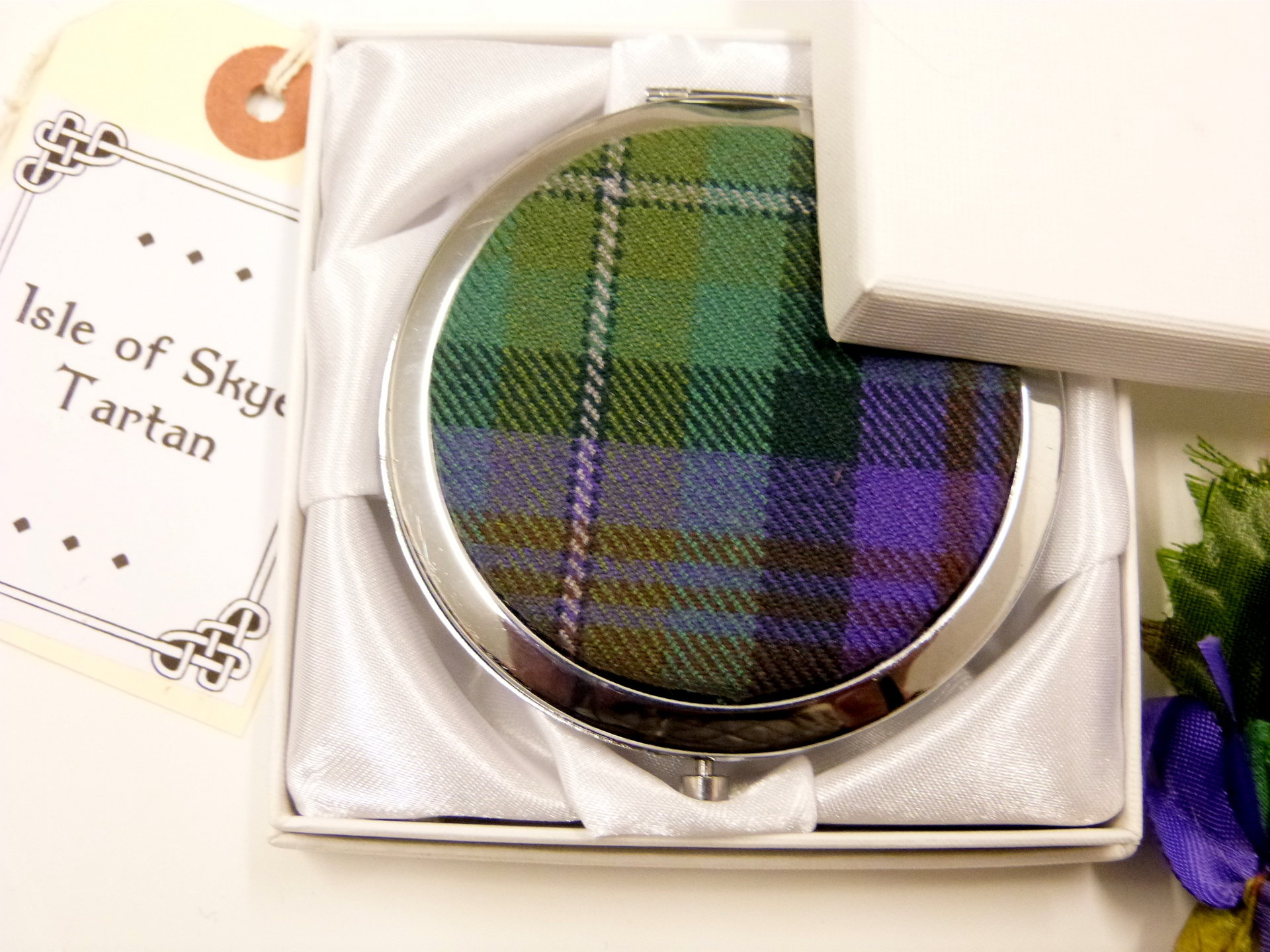 Compact mirror Isle of Skye tartan, womens little gift for mother, sister, best friend made in Scotland by Tweed with a Twist