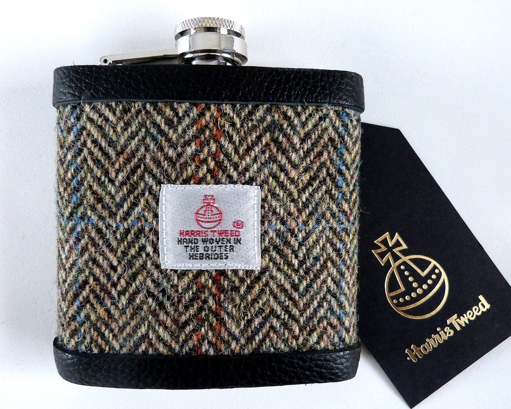 Harris-tweed-hip-flask-brown-herringbone-groomsman-best-man-gift-wedding