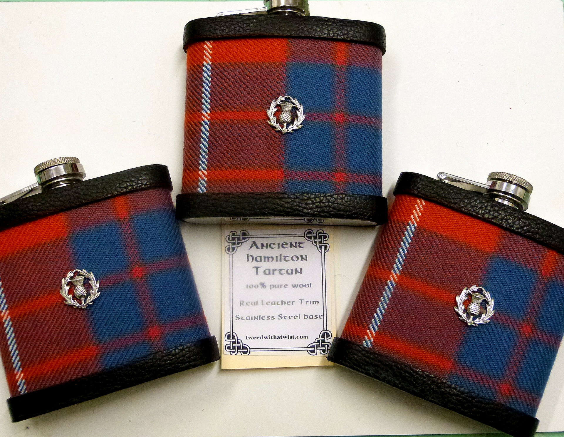Sets of 8,9 or 10 custom tartan flasks  to match wedding kilts with Scottish Thistle  for Best Man, Usher, Father of Bride or Groom, groomsmen and don't forget the Groom