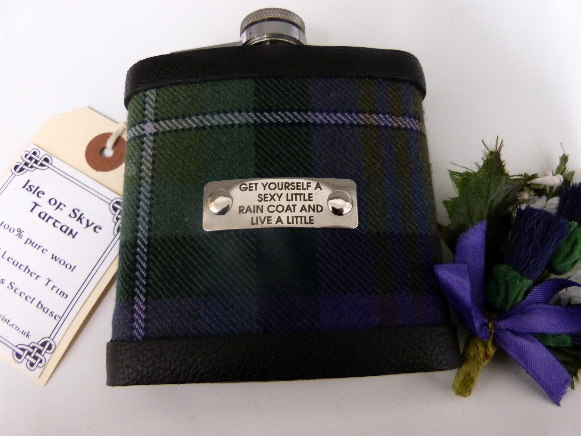 Aberdeen Tartan hip flask with thistle and custom engraved stainless steel tag with any name, date, motto etc.