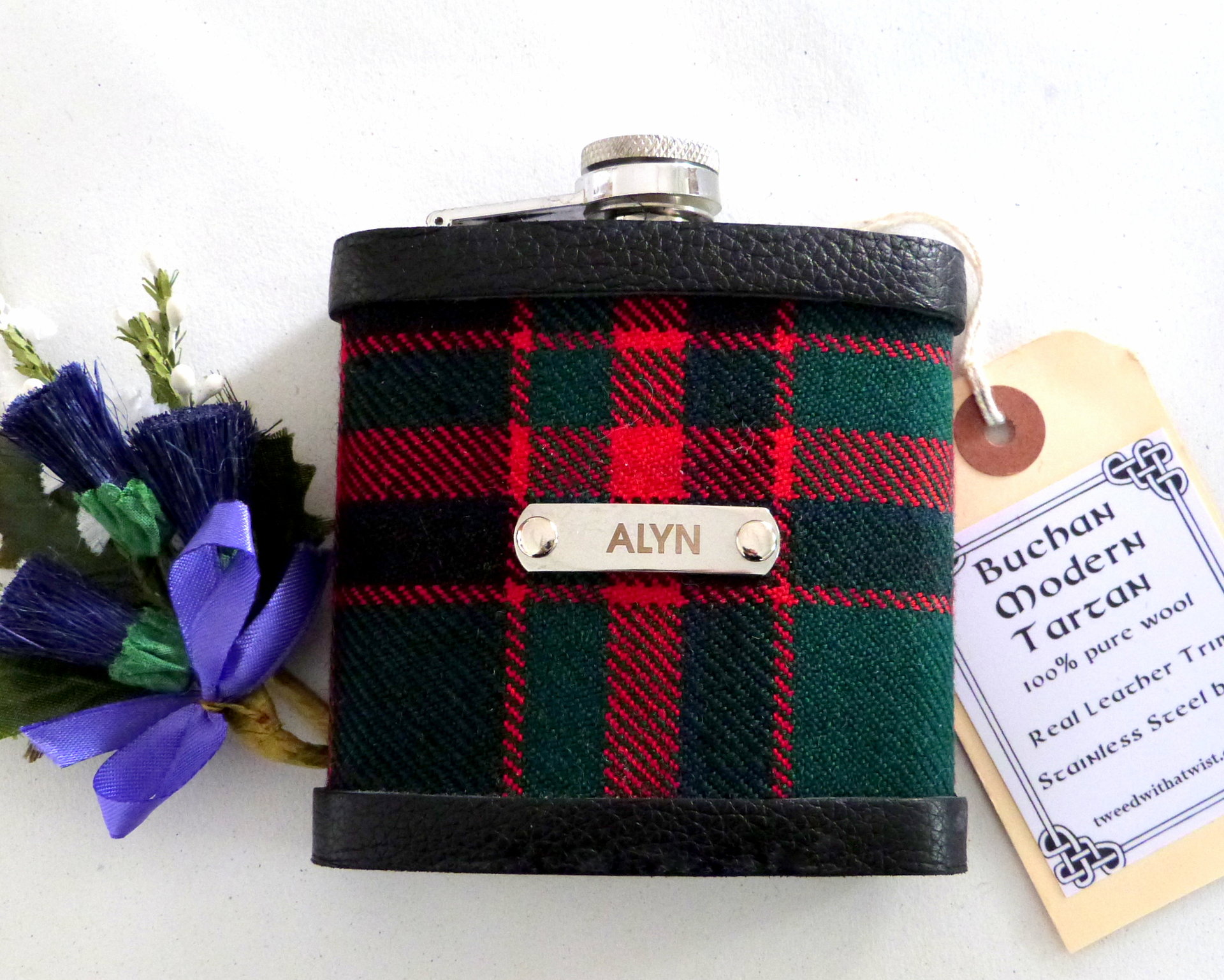 Clan or family tartan hip flask with stainless steel engraved tag with name, initials,  date, motto etc. of your choice