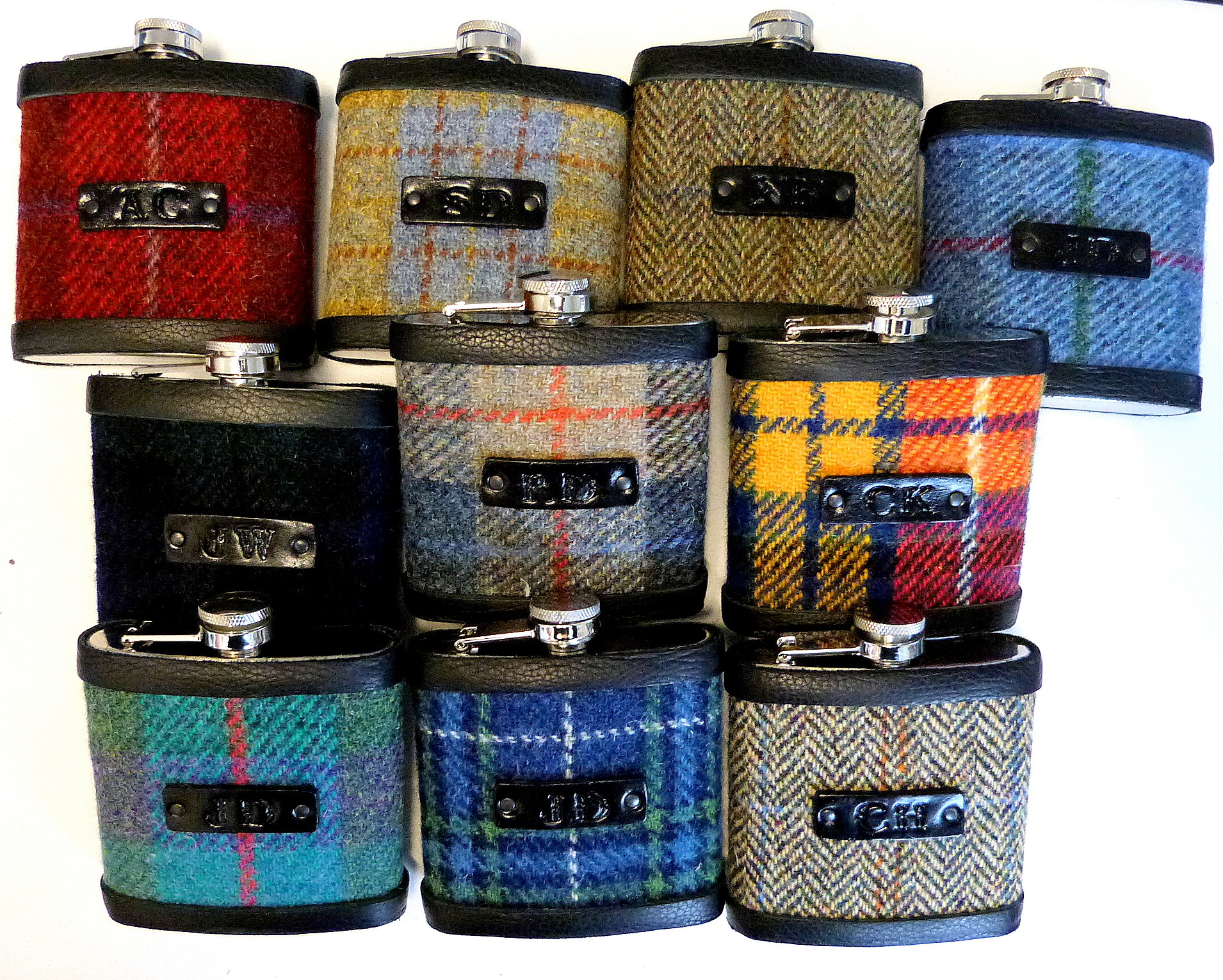 Harris Tweed Hip flask with black leather tag hand embossed initialsin a choice of 30 different  colours unique personalised gift for Christmas, birthday, Best Man