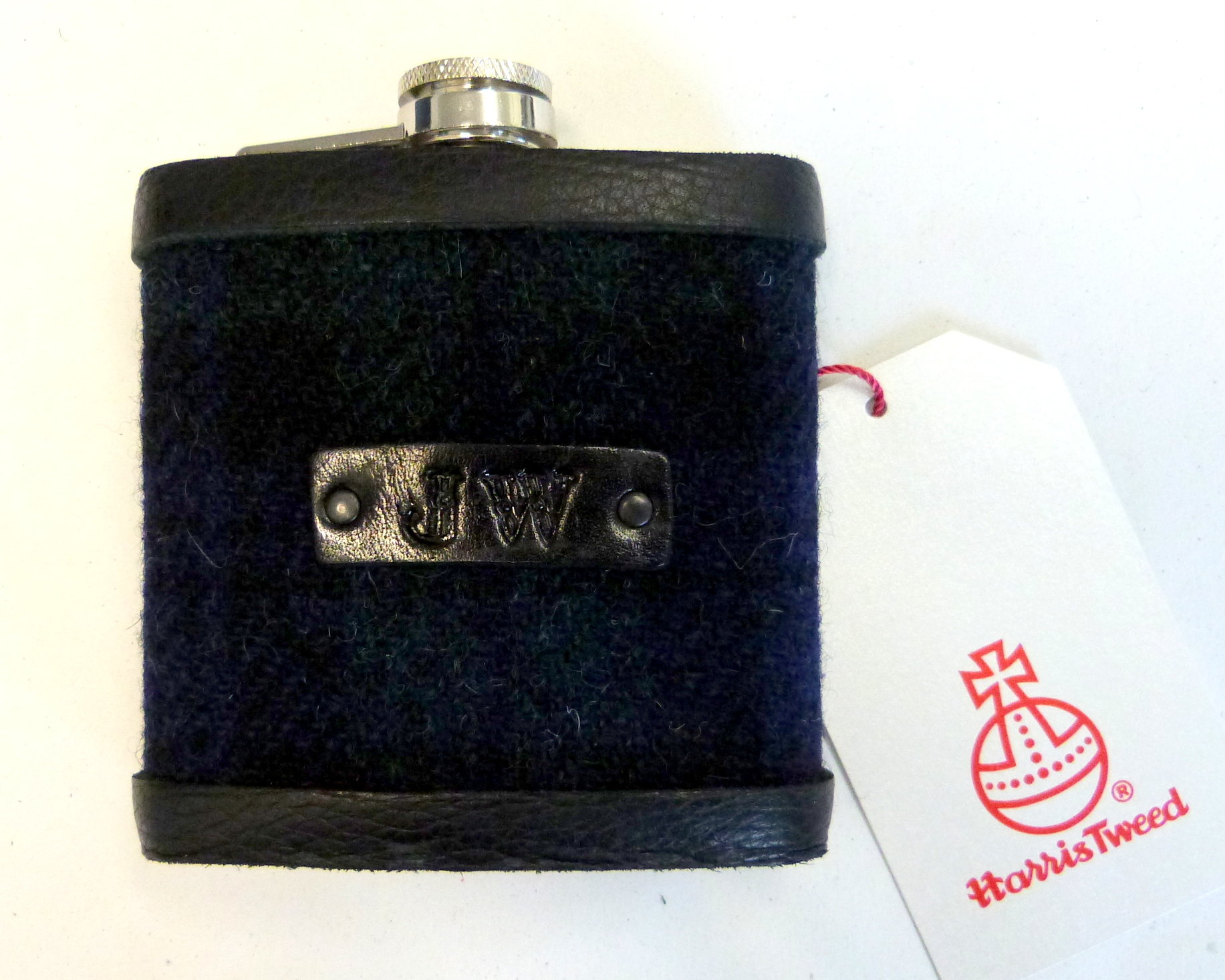 Harris Tweed Hip flask with black leather tag hand embossed initialsin a choice of 30 different  colours unique personalised gift for Christmas, birthday, Best Man