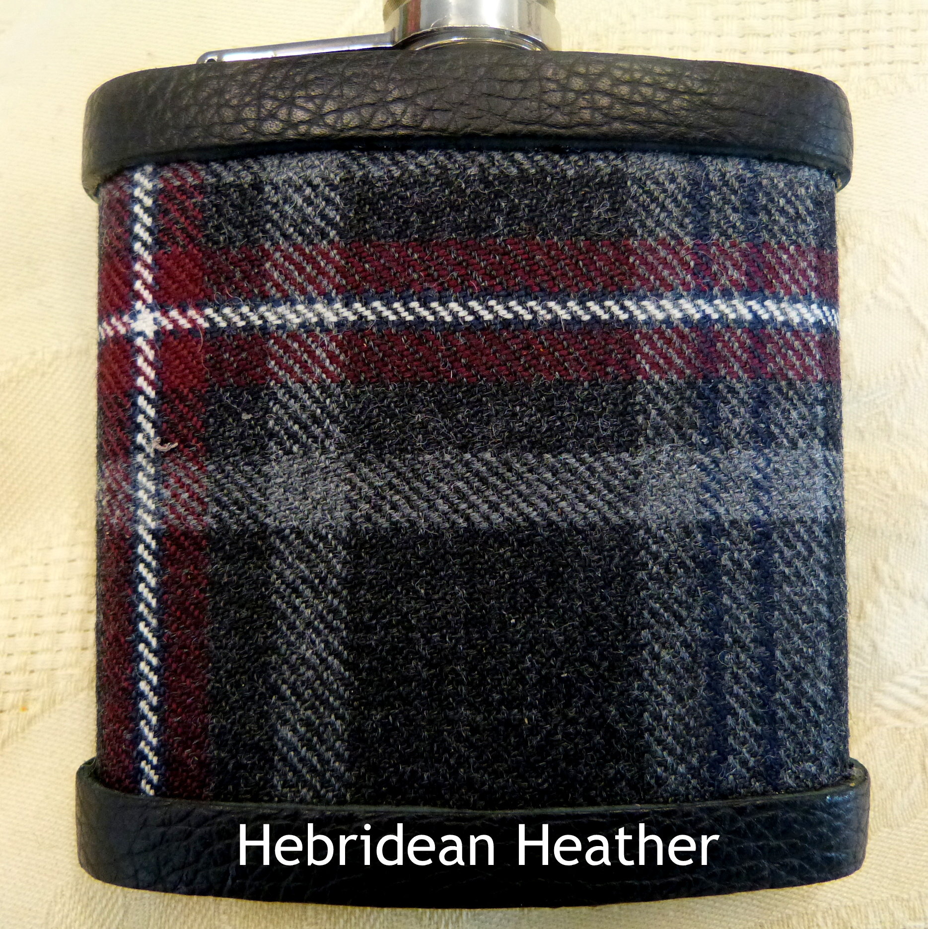 Hebridean Thistle tartan hip flask with thistle and stainless steel tag engraved with personalisation initials, name, date, motto etc. of your choice