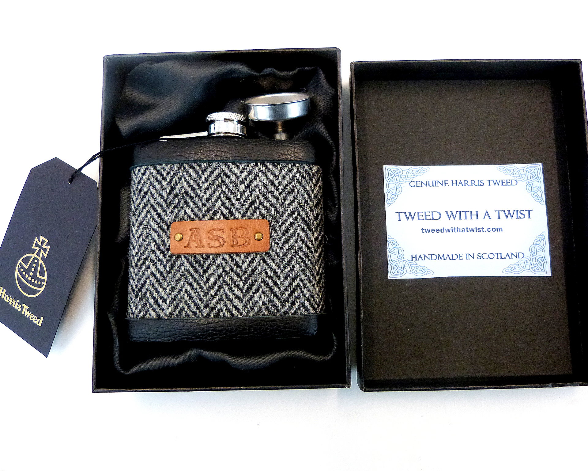 Harris Tweed Hip flask with hand embossed initials on brown leather tag in a choice of 30 different  colours unique personalised gift for Christmas, birthday, Best Man