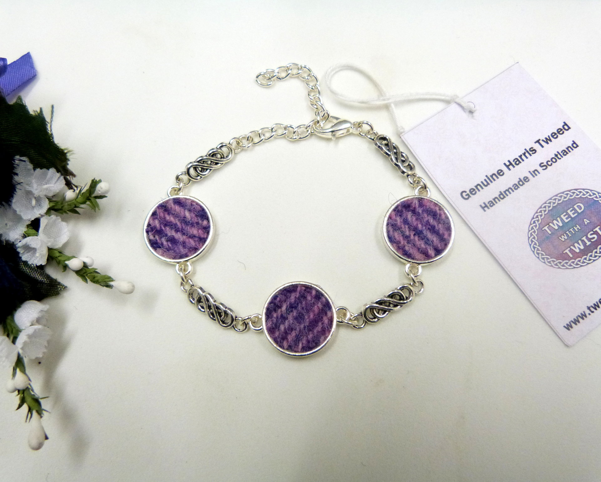 Lilac and pink Harris Tweed bracelet with celtic infinity knots made in Scotland , Christmas or birthday gift womens or bridesmaid jewellery