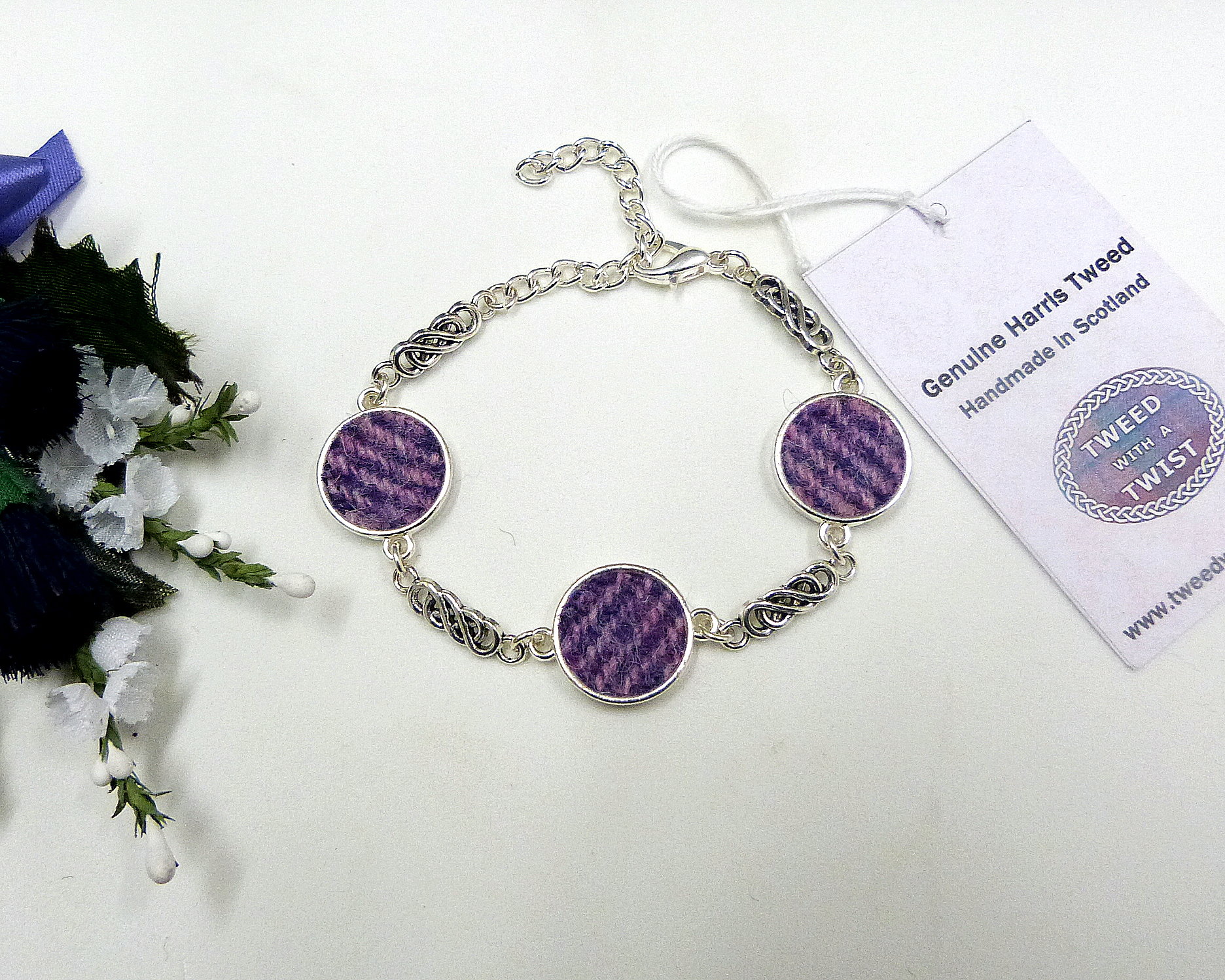 Lilac and pink Harris Tweed bracelet with celtic infinity knots made in Scotland , Christmas or birthday gift womens or bridesmaid jewellery