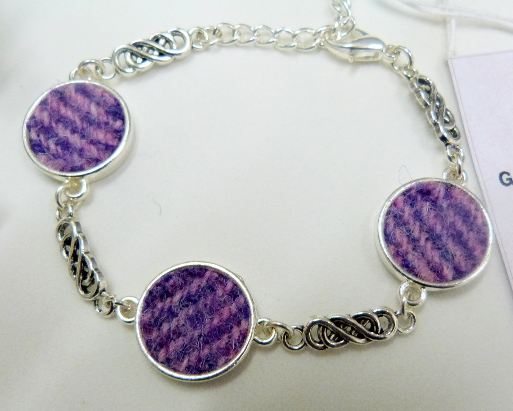 Lilac and pink Harris Tweed bracelet with celtic infinity knots made in Scotland , Christmas or birthday gift womens or bridesmaid jewellery