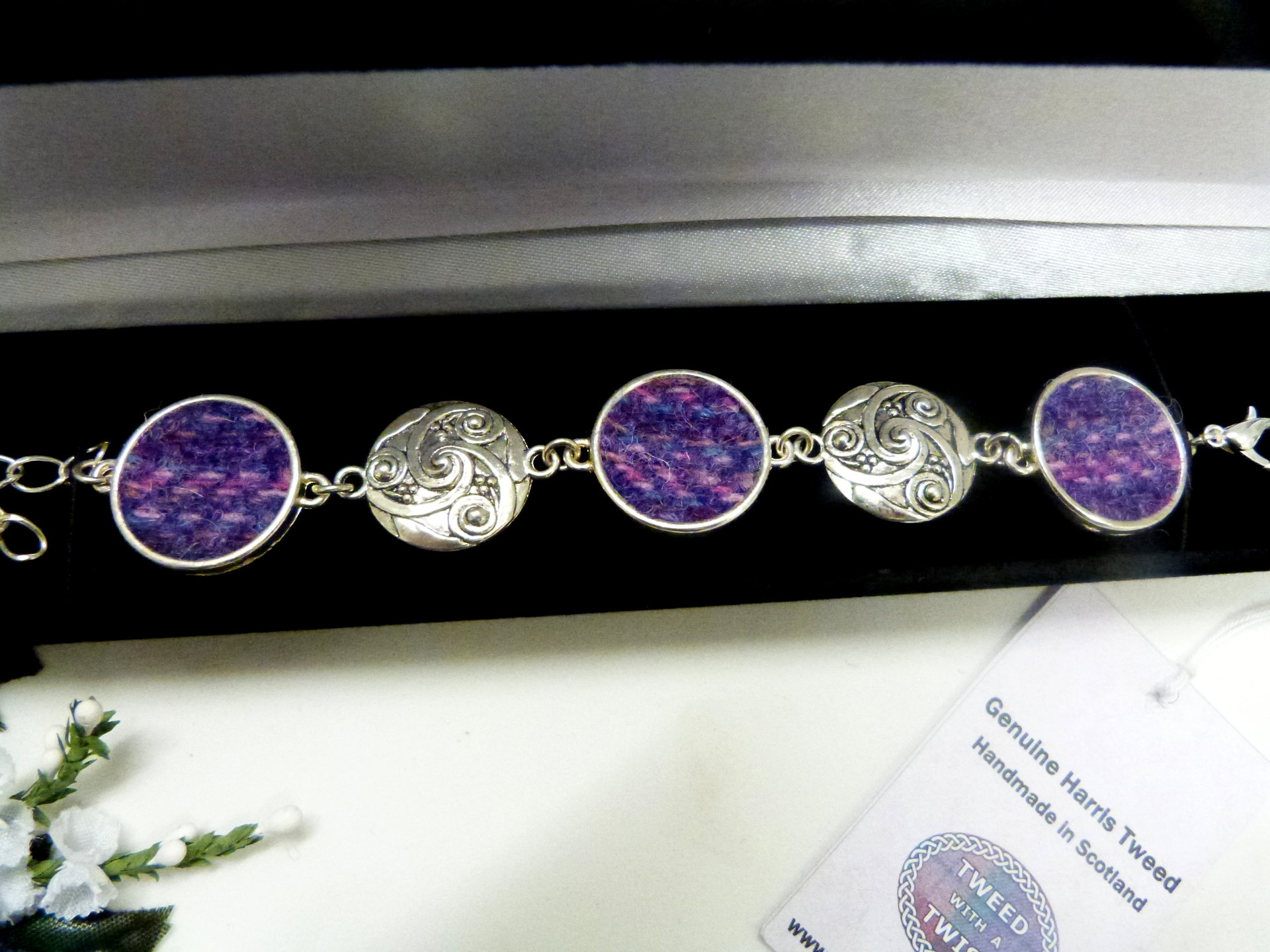 Bracelet with celtic spiral in Purple and pink Kaona Harris Tweed womens jewellery gift for mother, bridesmaid  or christmas present