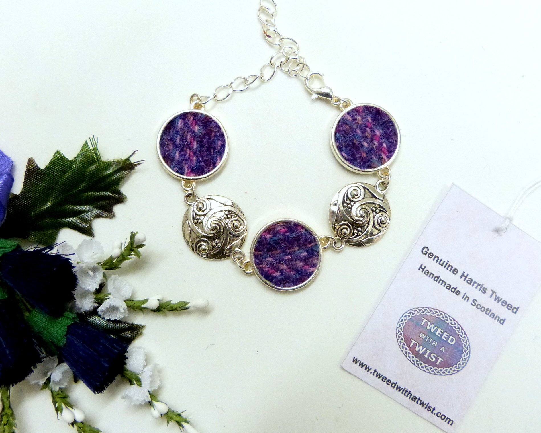 Bracelet with celtic spiral in Purple and pink Kaona Harris Tweed womens jewellery gift for mother, bridesmaid  or christmas present
