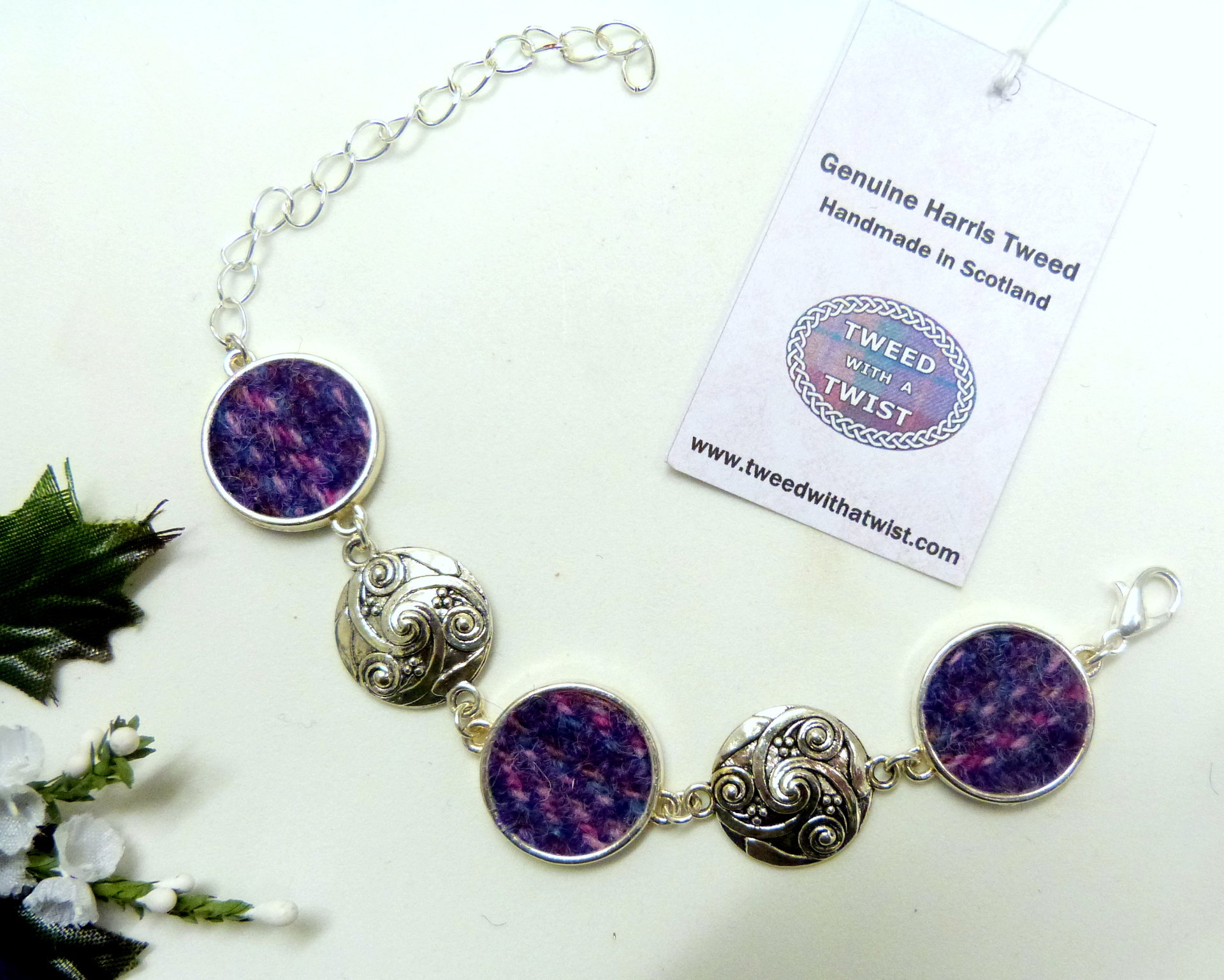Bracelet with celtic spiral in Purple and pink Kaona Harris Tweed womens jewellery gift for mother, bridesmaid  or christmas present