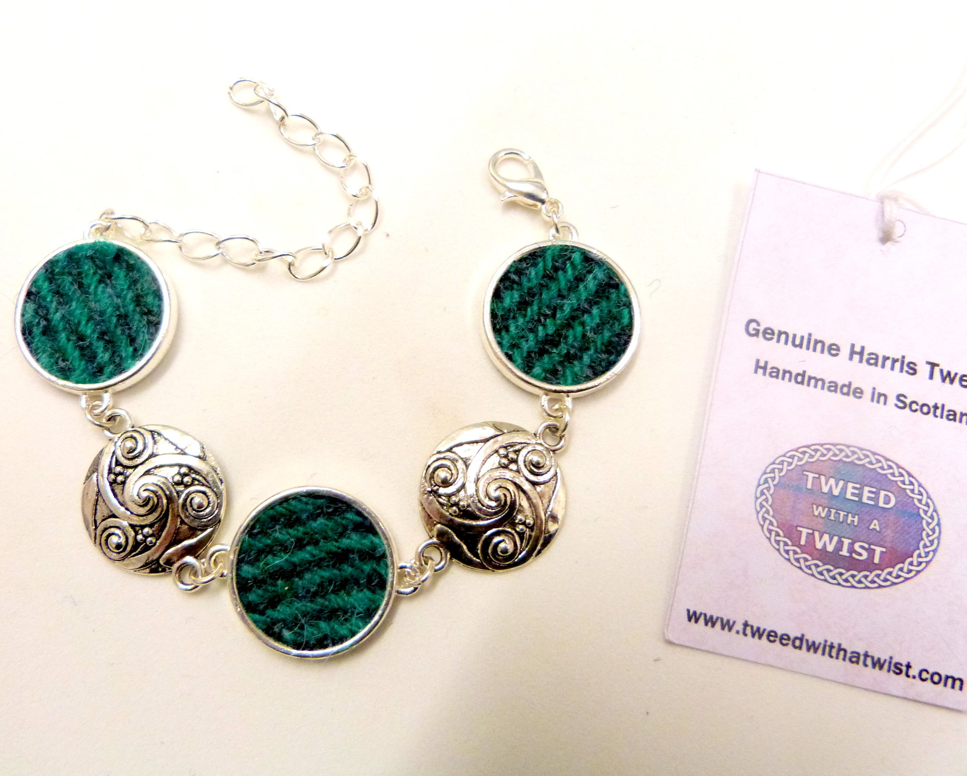 Bracelet with celtic spiral in jade green and grey Harris Tweed womens jewellery gift for mother, bridesmaid  or christmas present