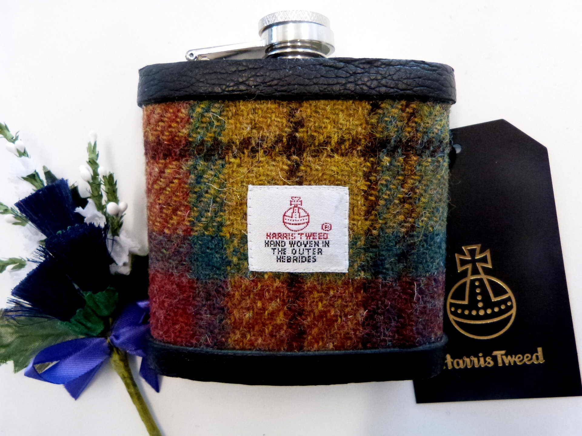 Harris Tweed hip flask Ancient weathered Buchanan colours, yellow green and rose red plaid  made in scotland