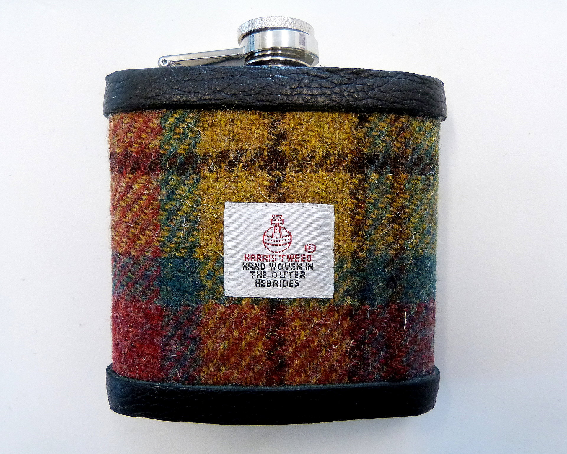 Harris Tweed hip flask Ancient weathered Buchanan colours, yellow green and rose red plaid  made in scotland