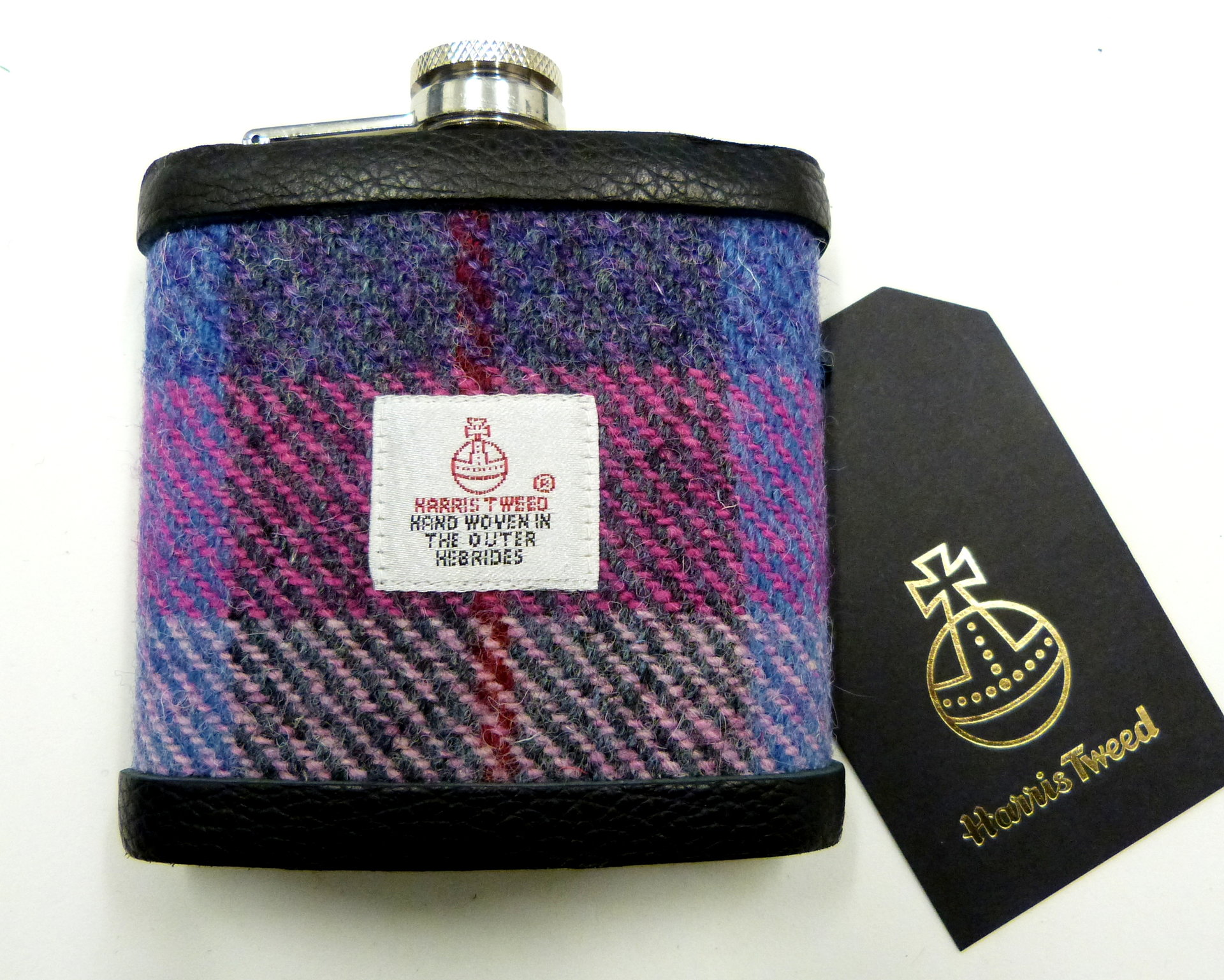 Harris Tweed hip flask in rich purple, red, pink and blue plaid weave