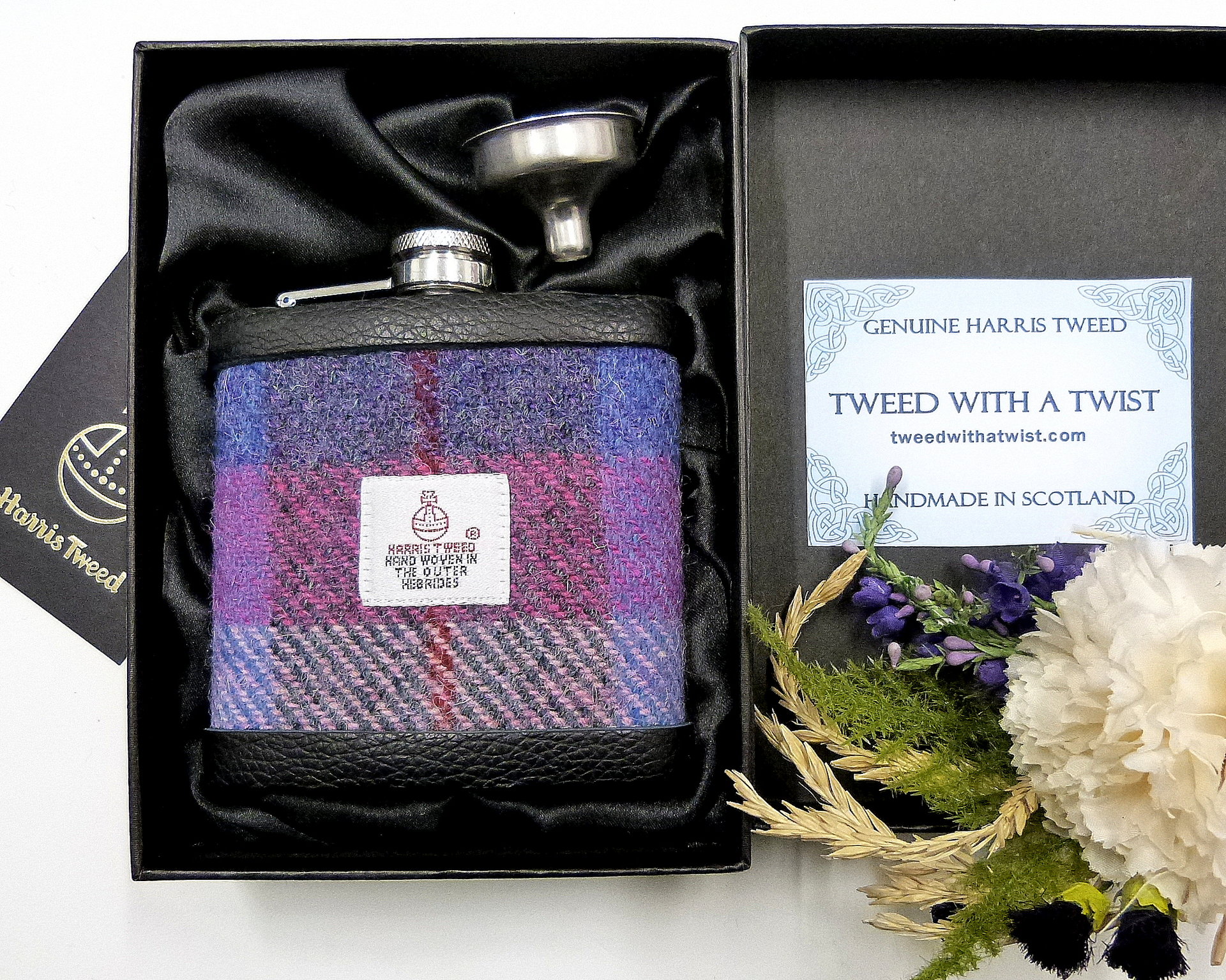 Harris Tweed hip flask in rich purple, red, pink and blue plaid weave