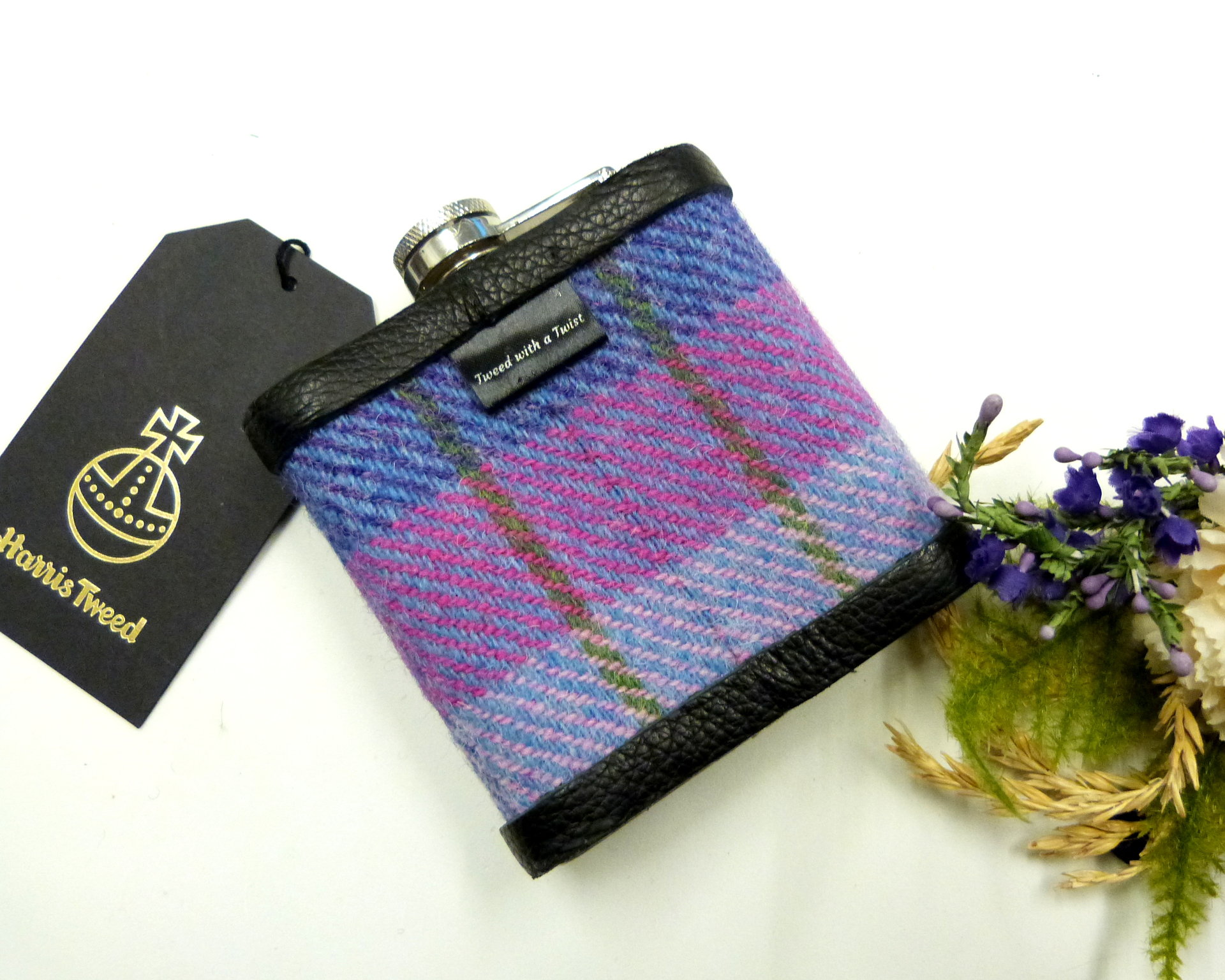 Harris Tweed hip flask in rich purple, red, pink and blue plaid weave