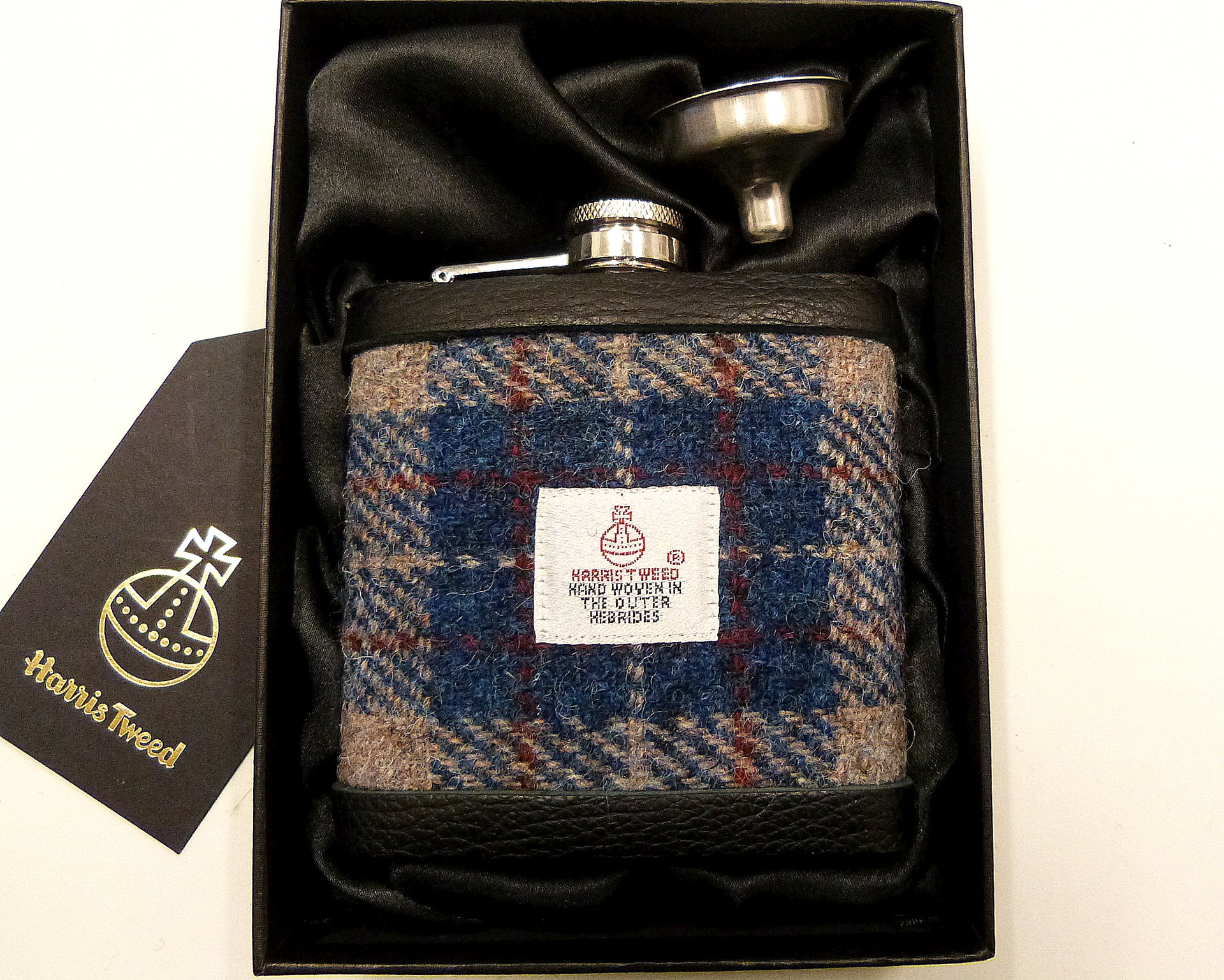 Harris Tweed hip flask in beige, deep blue, burgundy red traditional plaid weave