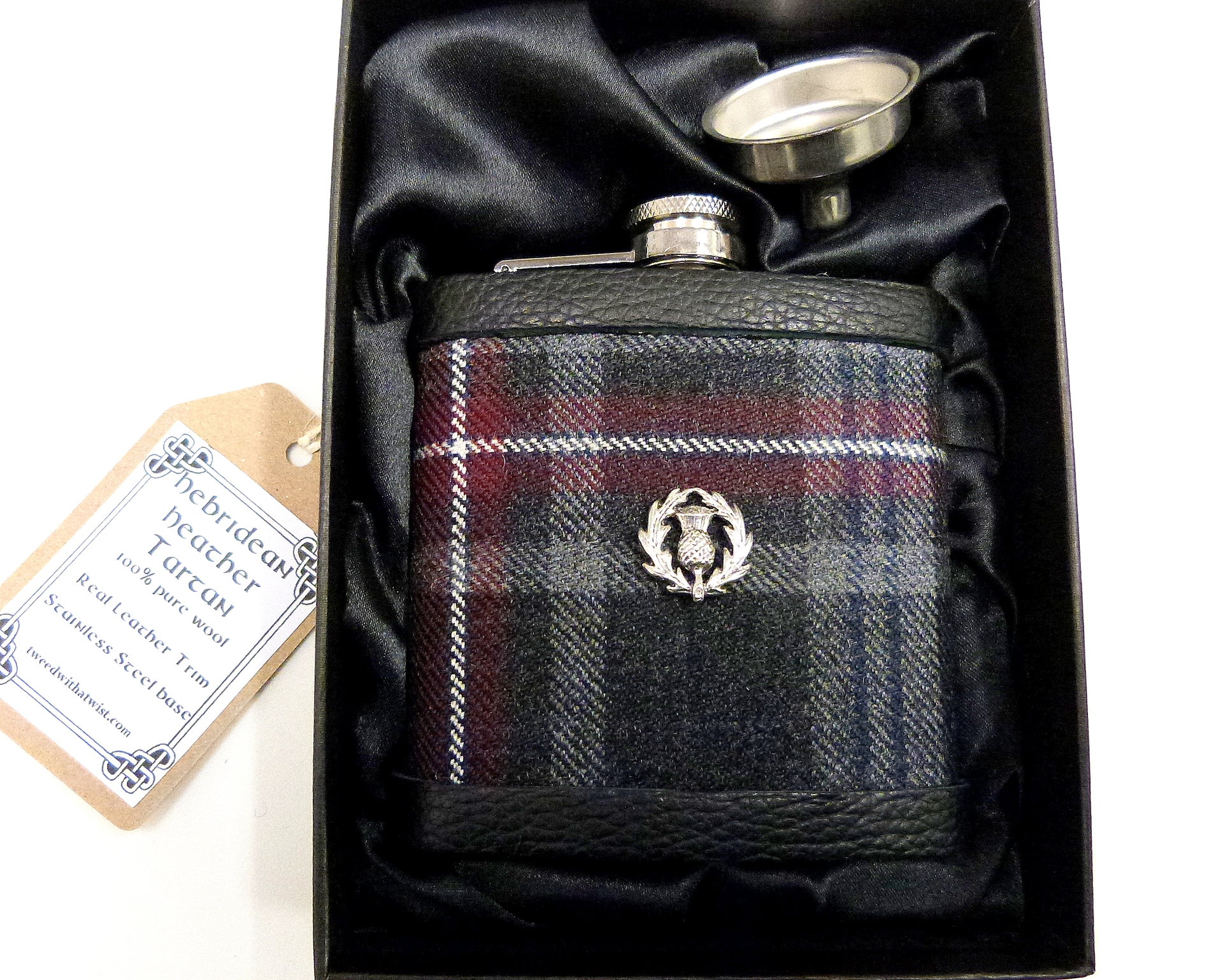 Tartan hip flask with embossed initials in Hebridean Heather  Personalised gift for men made in scotland retirement,  best man, groomsman , or Fathers Day present
