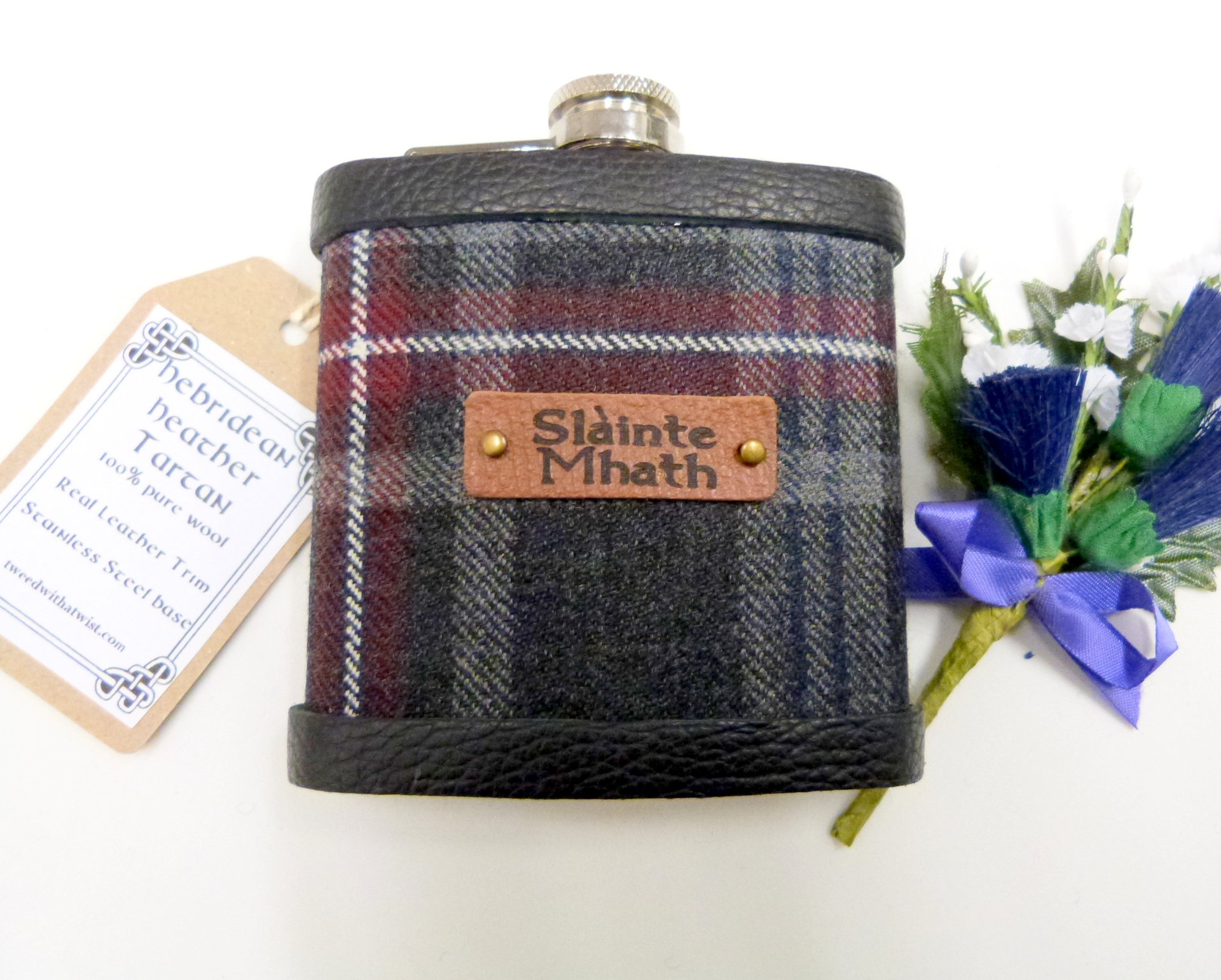 Tartan hip flask Hebridean Heather  with Gaelic Slainte, Slainte Mhath or Uisge Beatha Scottish gift for men made in scotland retirement,  best man, groomsman , or Christmas present present