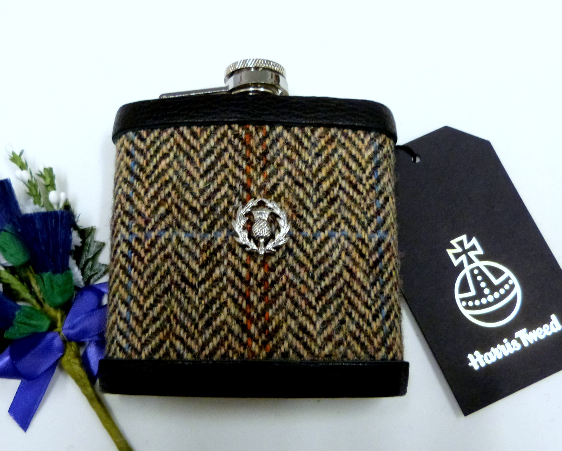 Autumn Harvest Harris Tweed hip flask with Scottish thistle