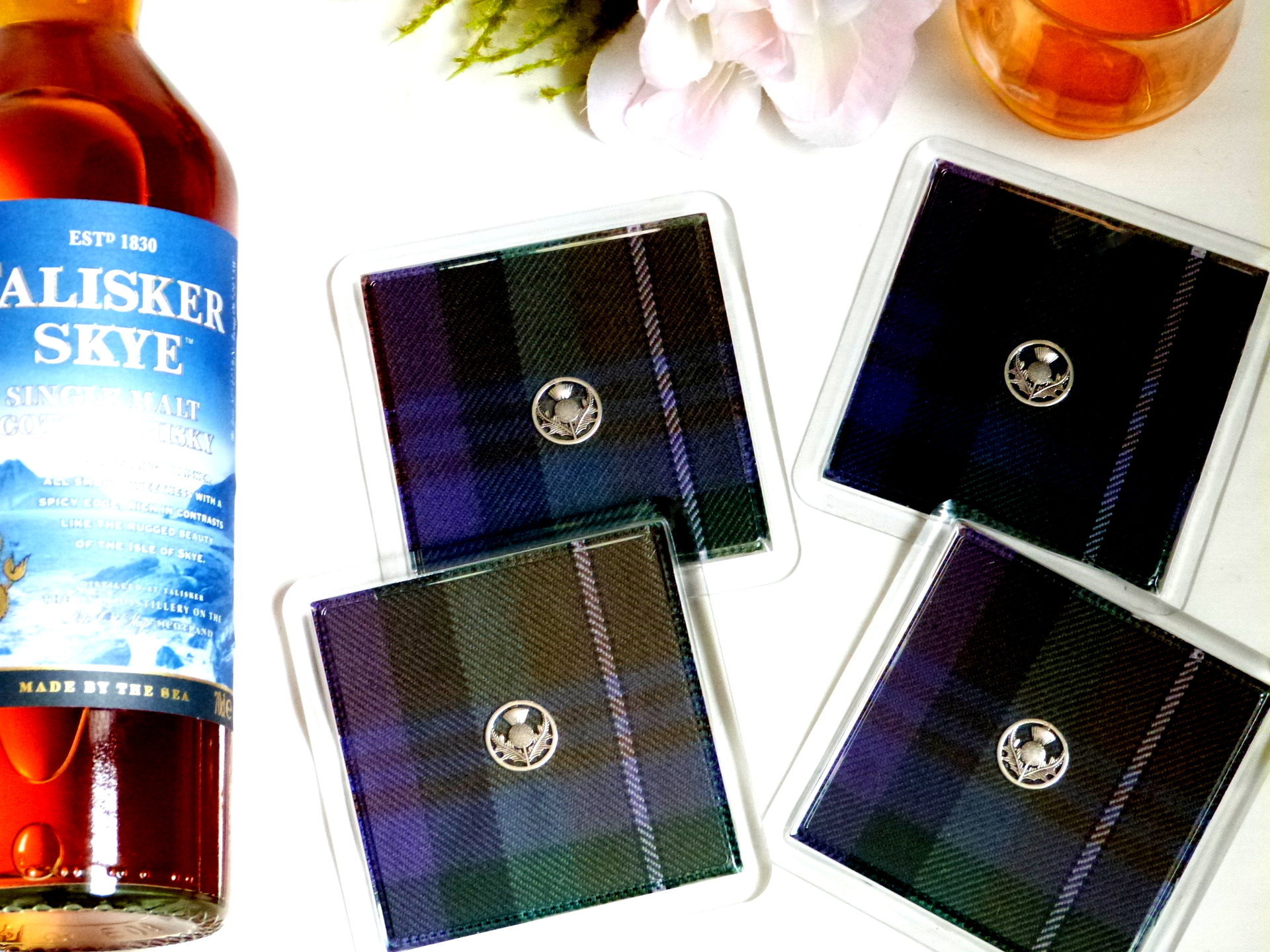 Isle of Skye tartan drinks coasters with thistle, wipe clean easy care and durable