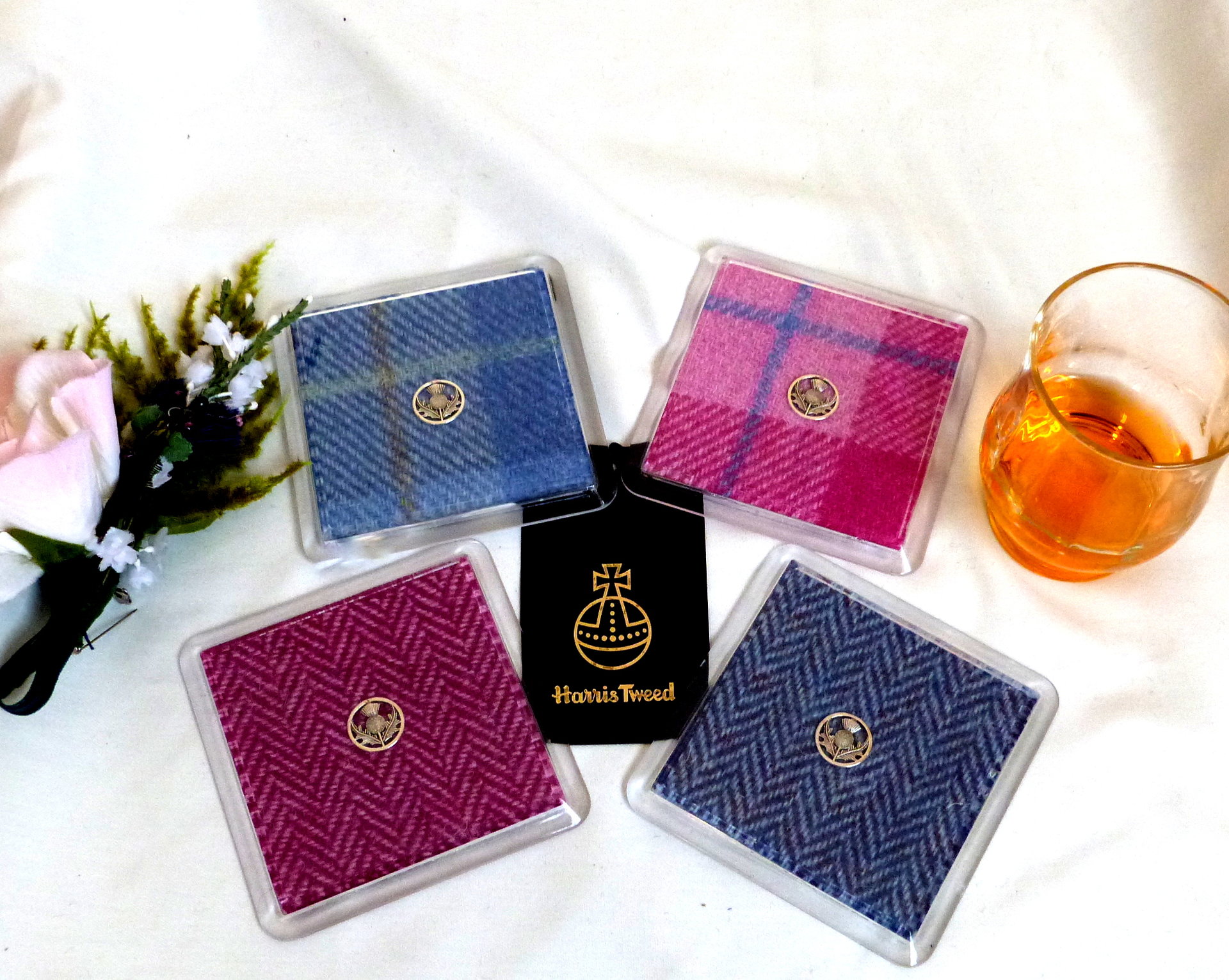 Harris Tweed drinks coasters with thistle, wipe clean