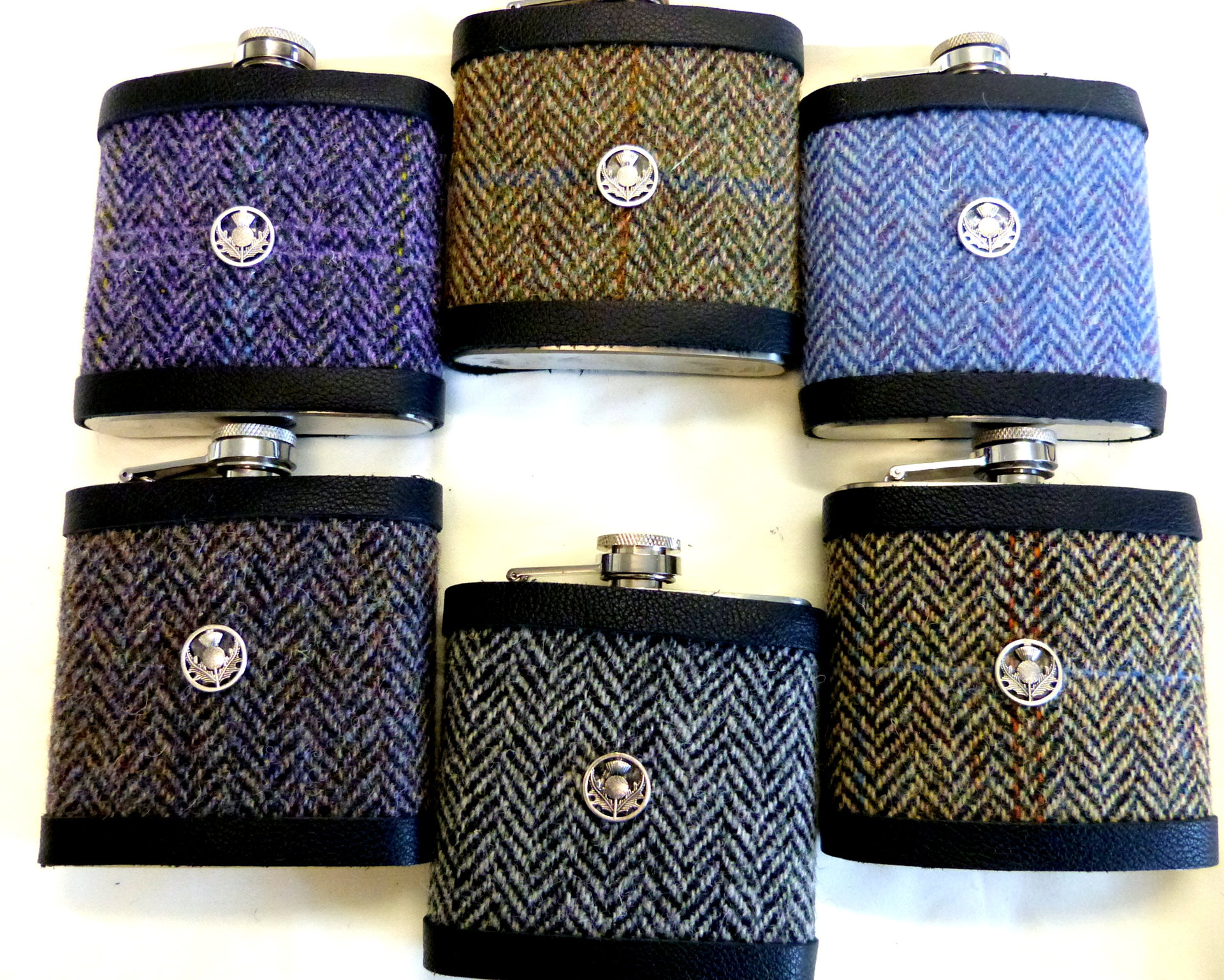 Harris Tweed Hip Flask traditional Herringbone weave with thistle chose colour Scottish gift