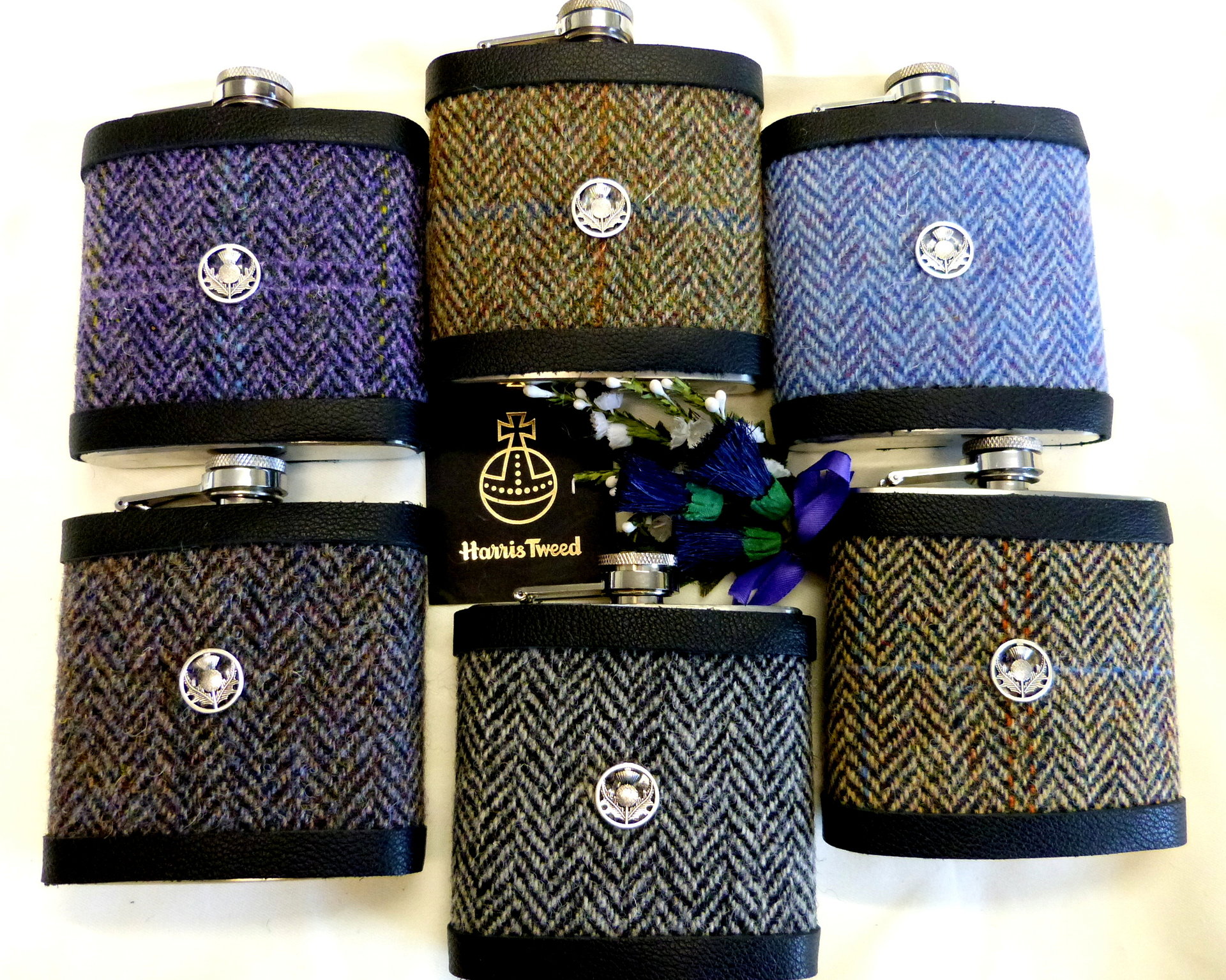 Harris Tweed Hip Flask traditional Herringbone weave with thistle chose colour Scottish gift